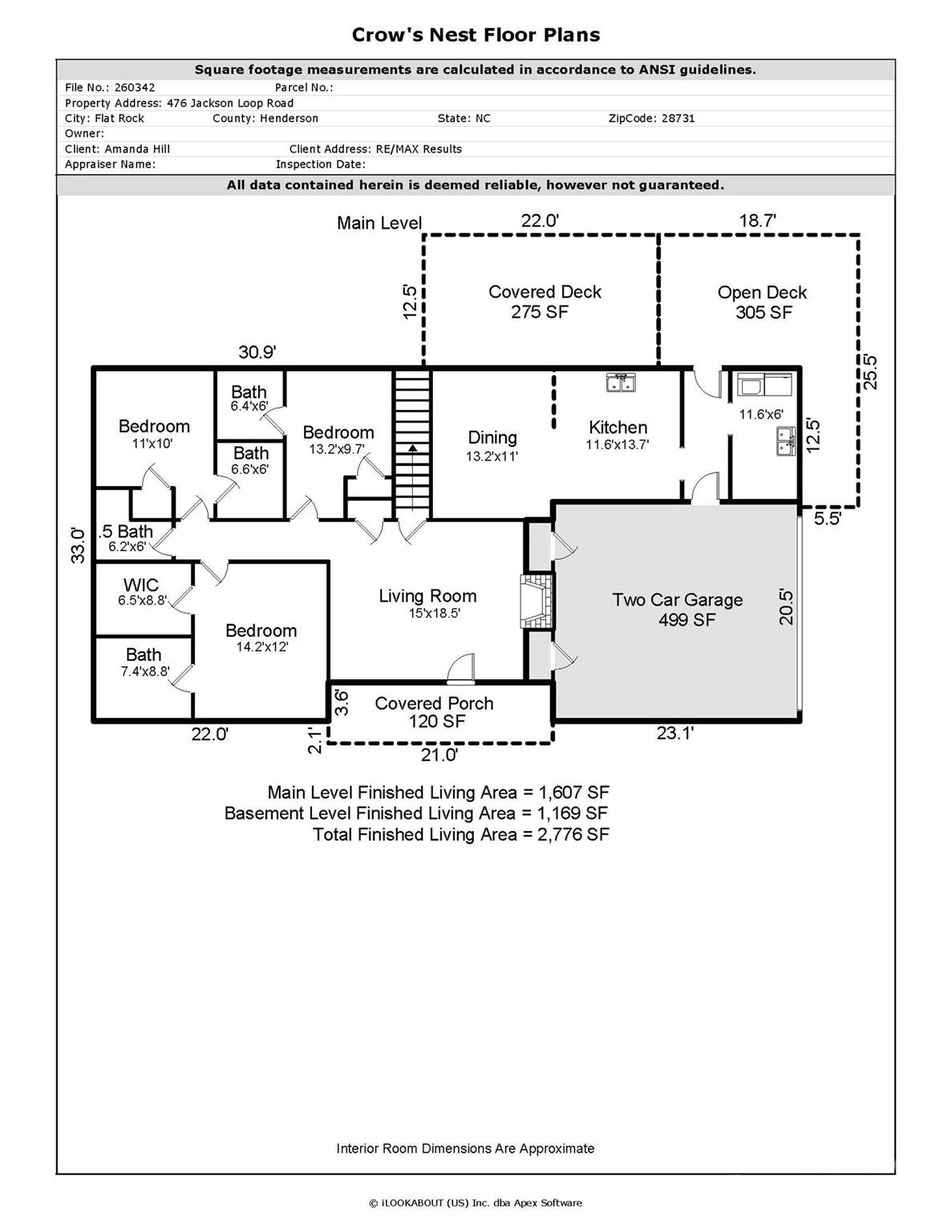 Floor plan of 476 Jackson Loop Road, showing room layouts, dimensions, decks, porch, and two-car garage.