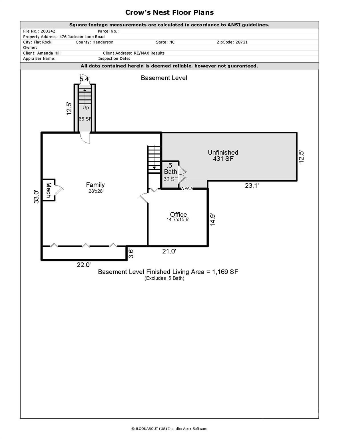 Basement floor plan showing a family room, office, half bath, and large unfinished area.