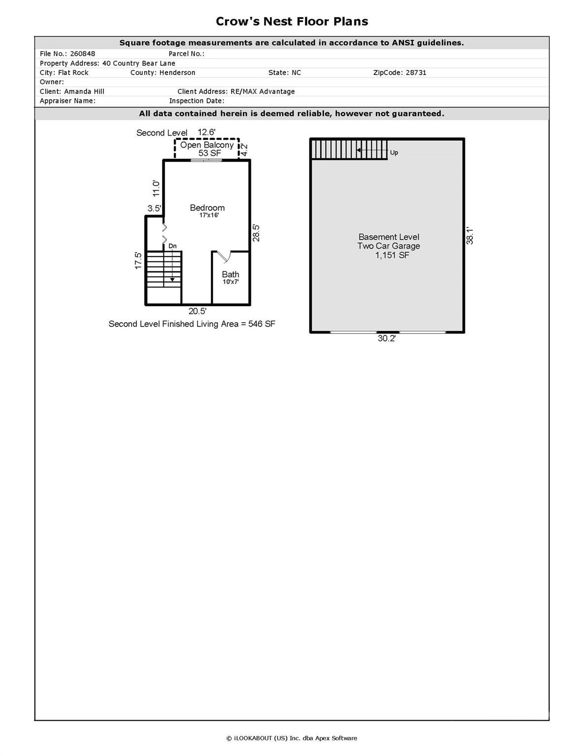 Crow's Nest floor plans showing the second-level bedroom and balcony and a basement two-car garage.