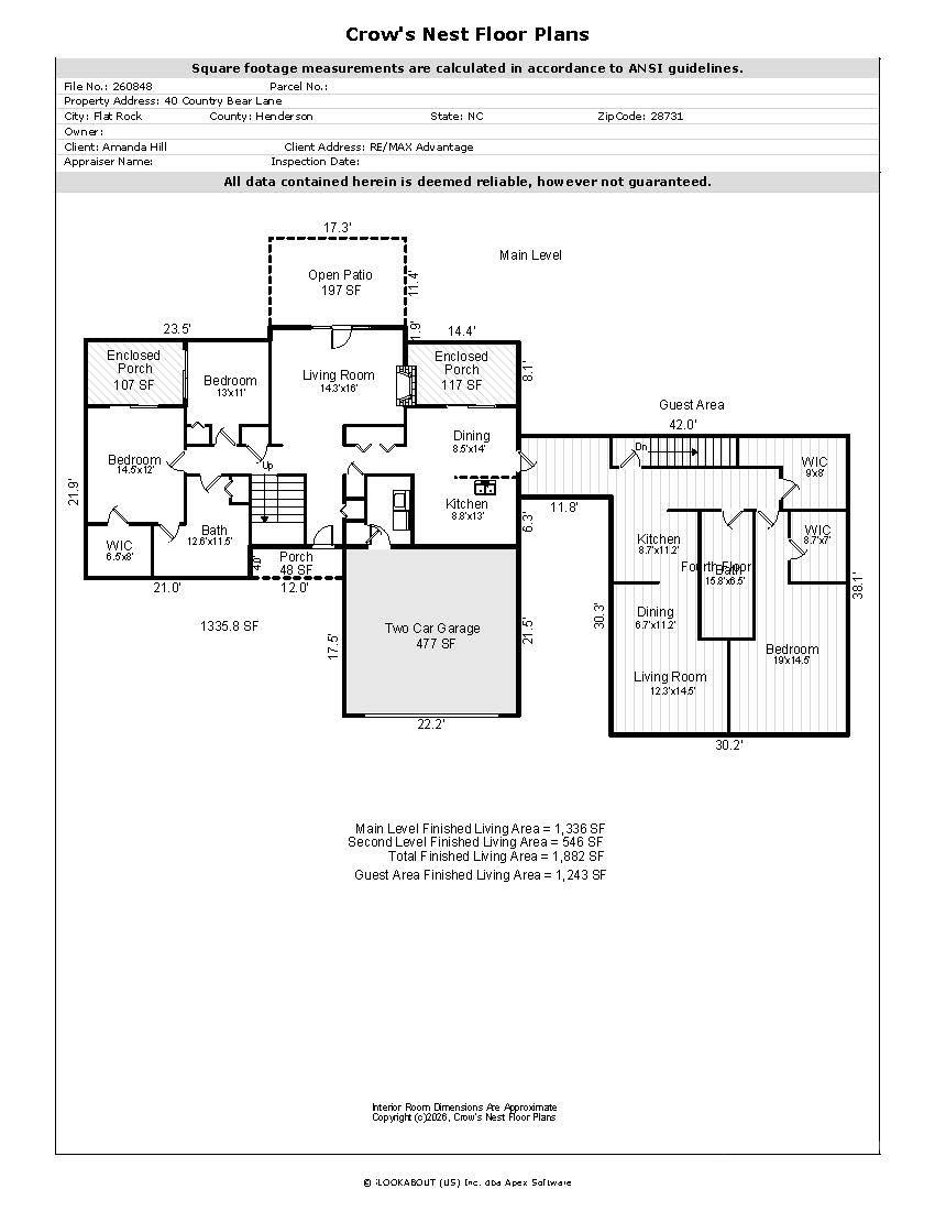 Floor plan for 40 Country Bear Lane, showing the main level, two-car garage, and separate guest area.