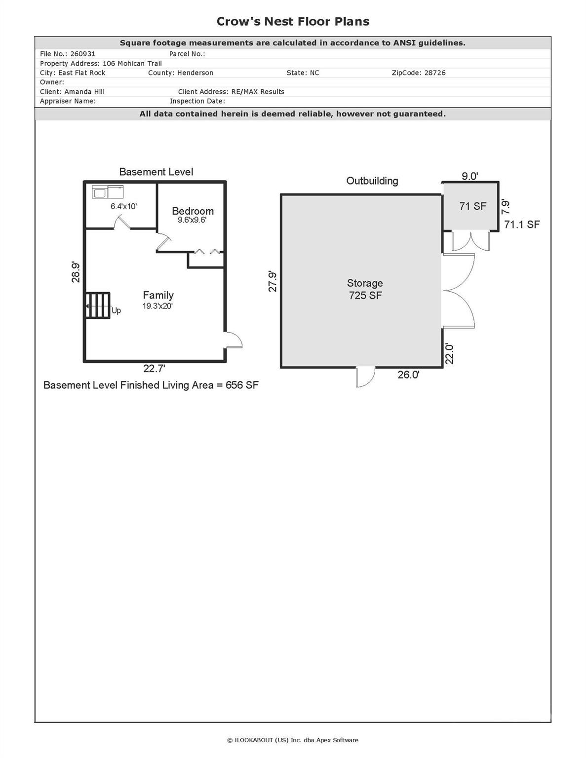 Basement floor plan with a bedroom and family room, alongside a separate 725-square-foot storage outbuilding.