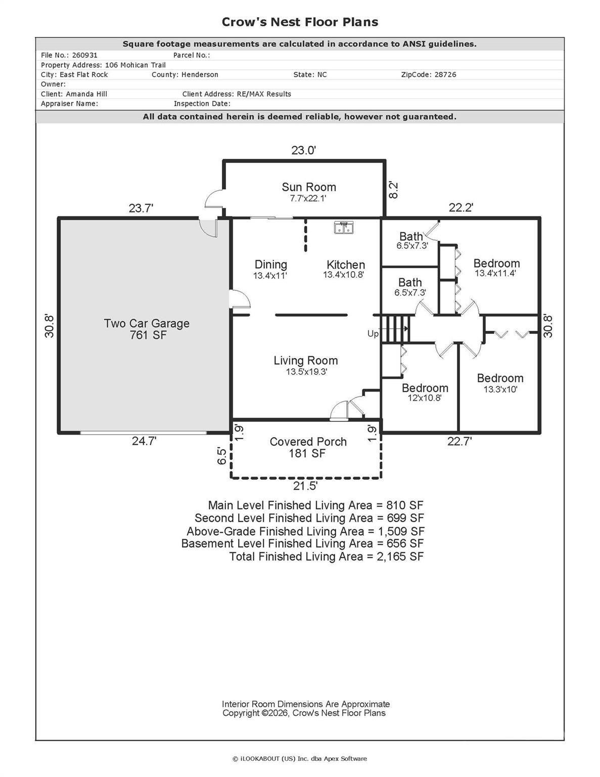 Floor plan for 106 Mohican Trail, with a two-car garage, sun room, three bedrooms, and covered porch.