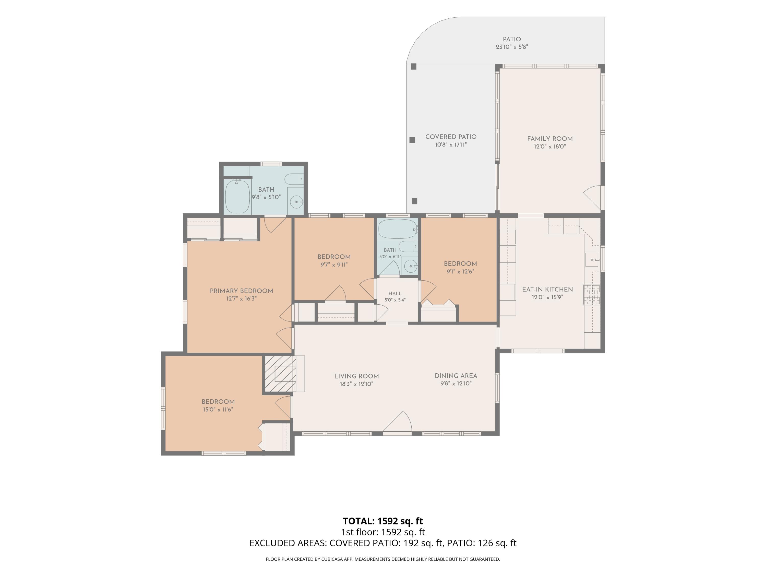 Floor plan of 36 Fourth Avenue, showing four bedrooms, two bathrooms, living spaces, and patios.