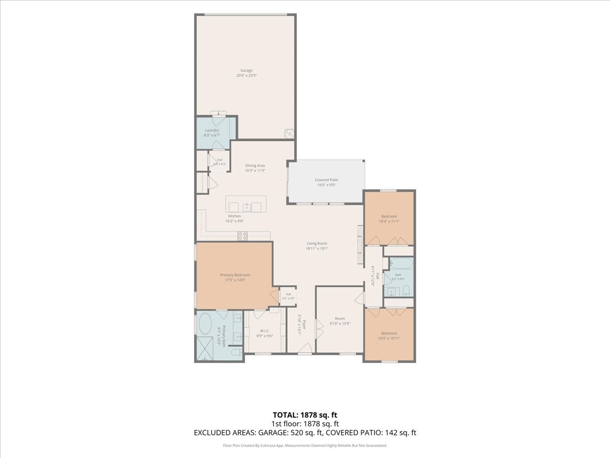 Floor plan showing three bedrooms, living and dining areas, kitchen, garage, and covered patio.