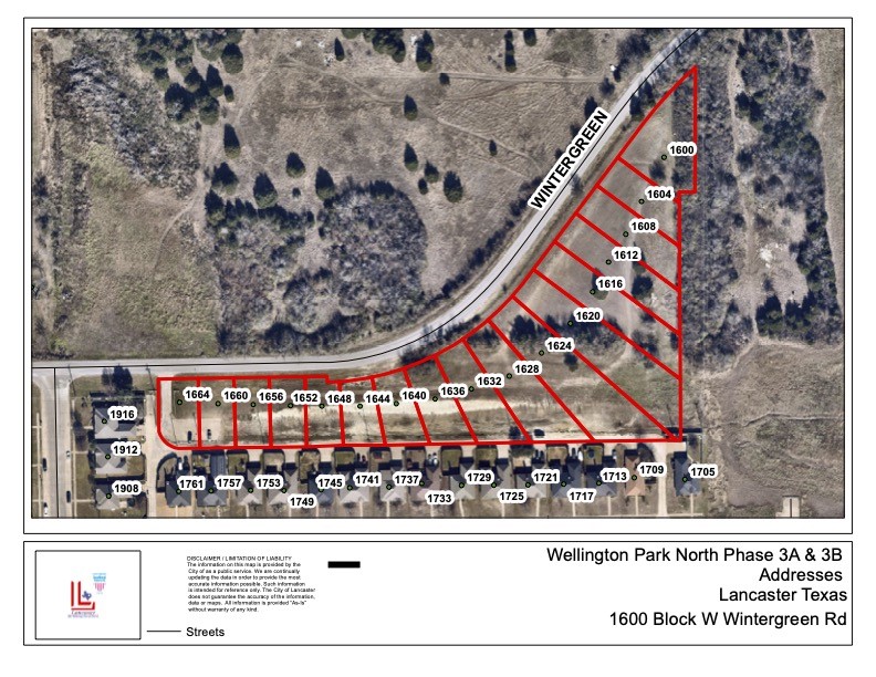 Aerial subdivision map outlining numbered lots along Wintergreen Road in Lancaster, Texas.