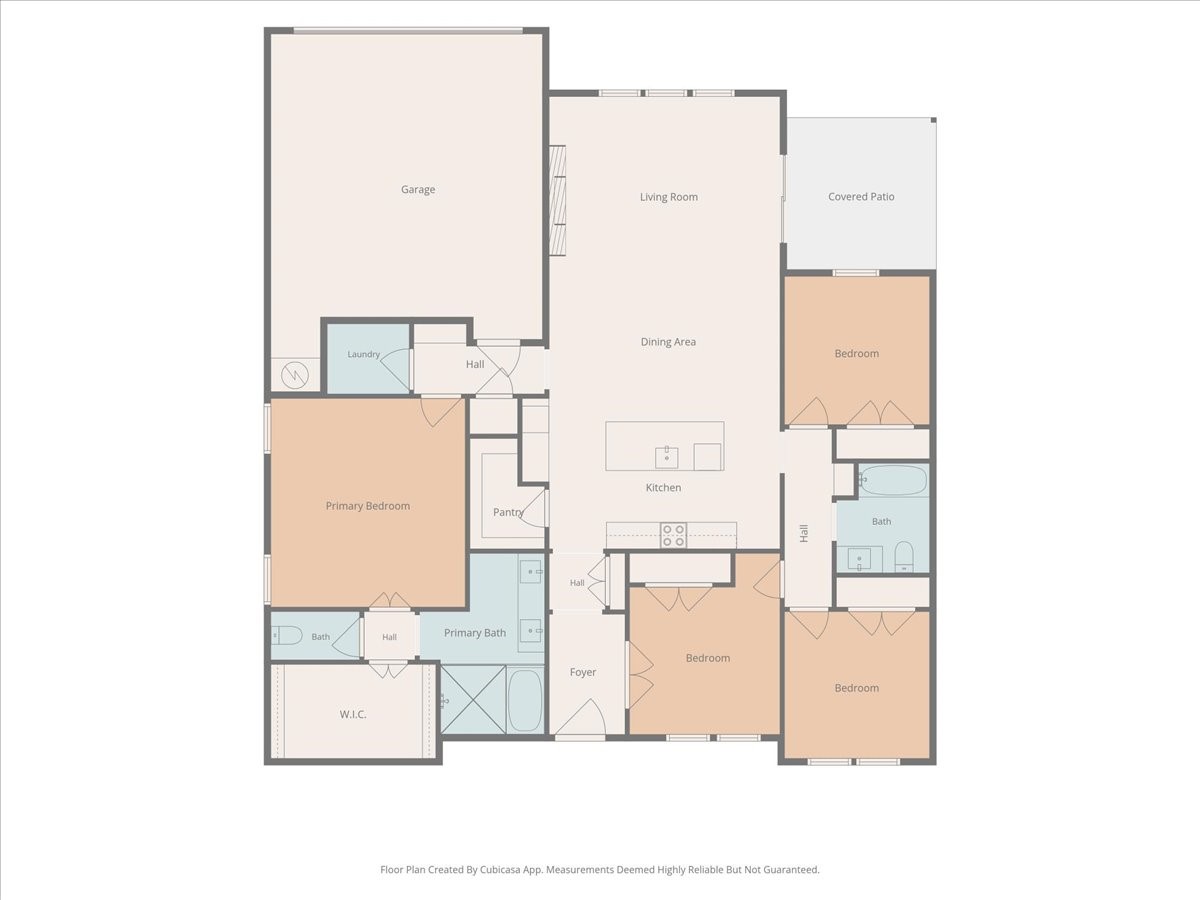 Floor plan showing four bedrooms, a garage, covered patio, kitchen, and living and dining areas.