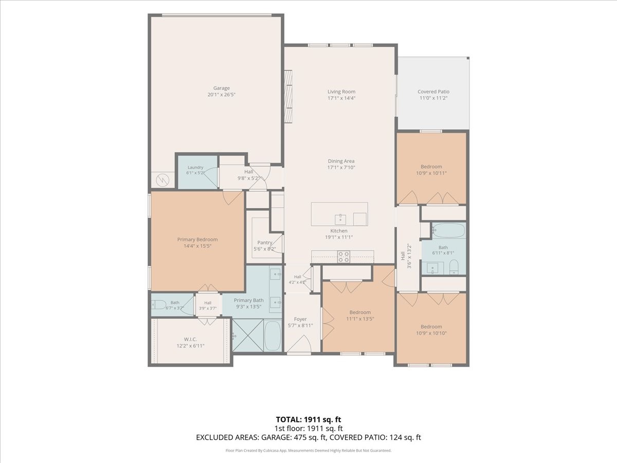 Single-story, four-bedroom floor plan with labeled room dimensions and a 1,911-square-foot total.