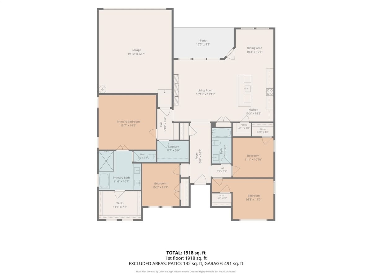 Floor plan showing a four-bedroom home, two bathrooms, patio, garage, and 1,918 square feet.
