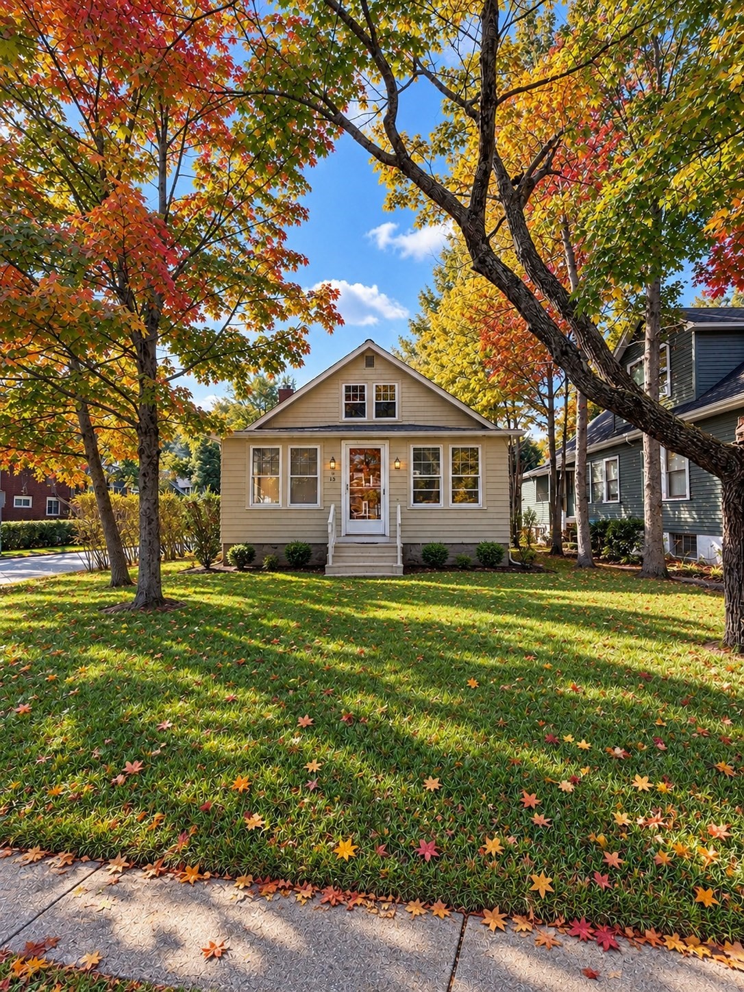 Beige gabled house framed by colorful autumn trees, with a leaf-covered front lawn.