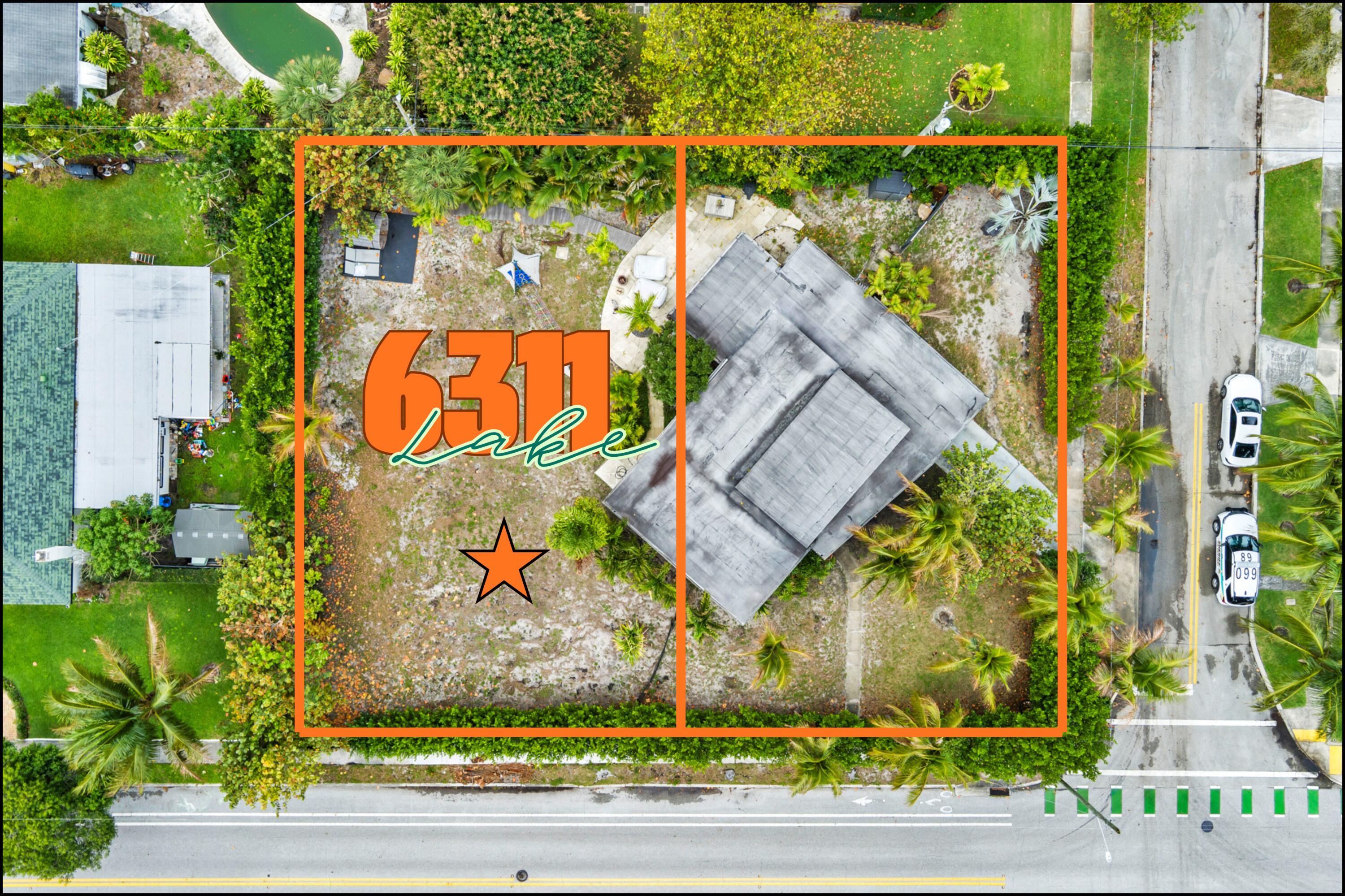 Aerial view of 6311 Lake, with the outlined property, house, tropical landscaping, and corner street.
