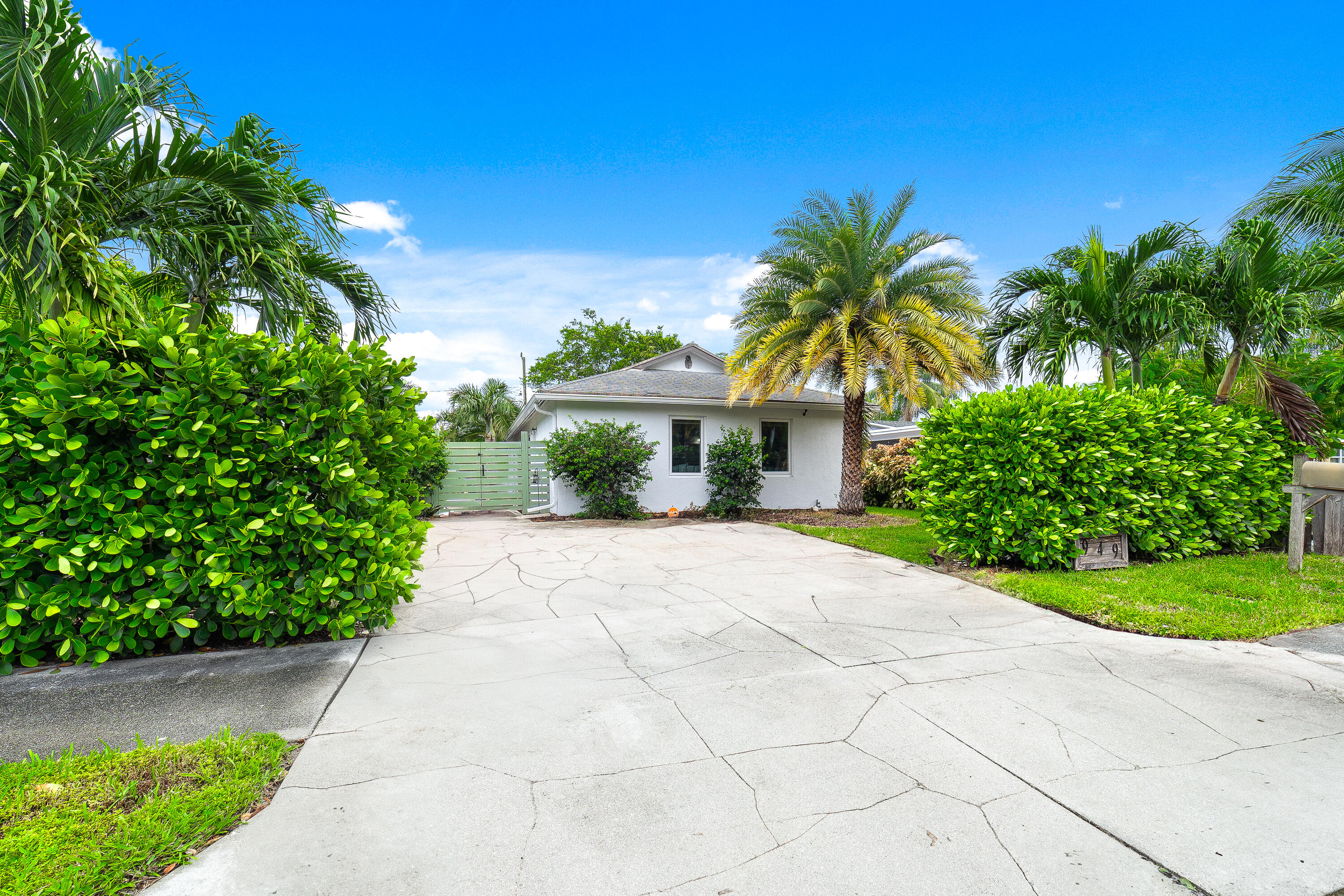 Single-story white house behind a broad concrete driveway, framed by tropical palms and dense hedges.