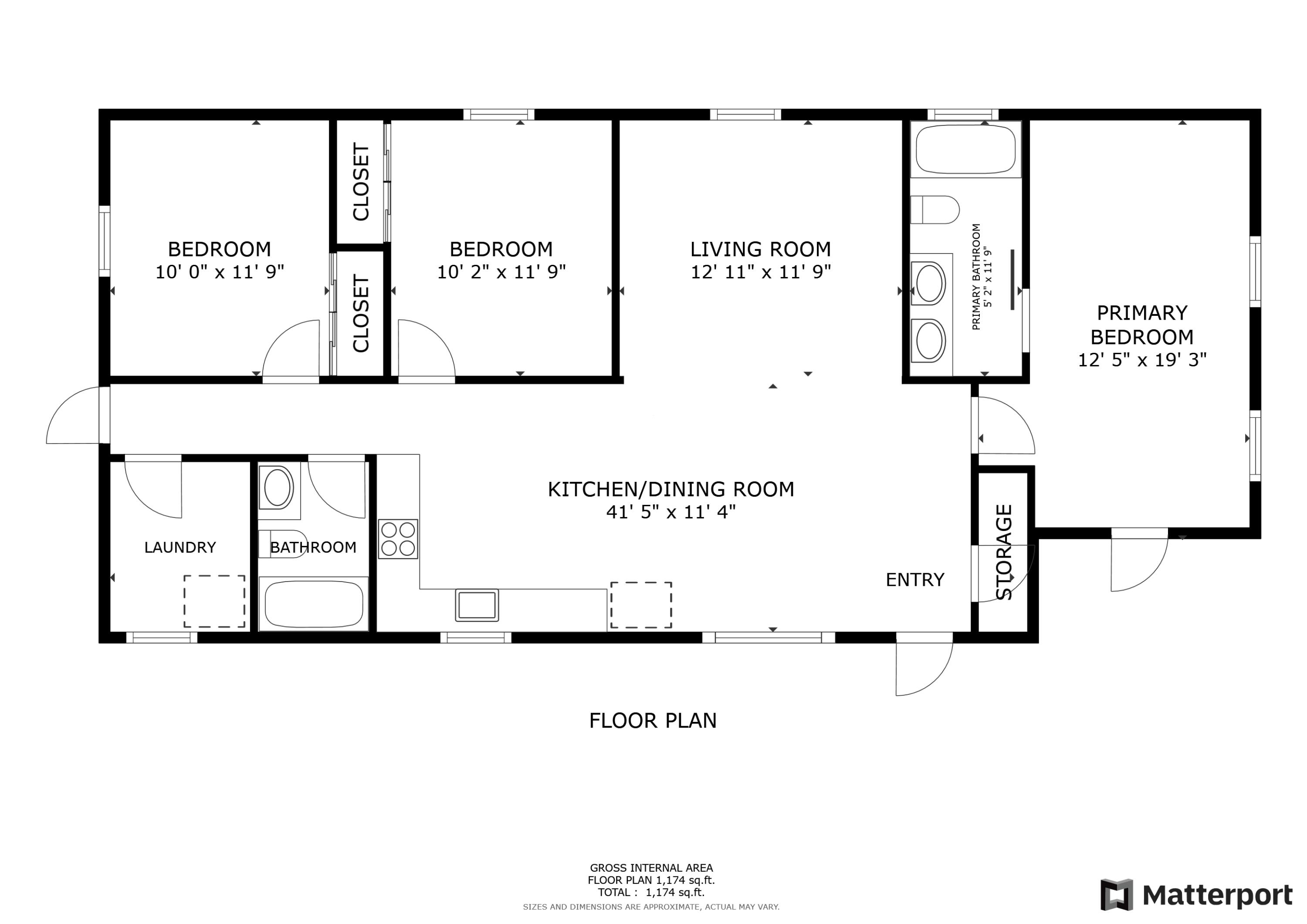 Floor plan showing three bedrooms, living and kitchen/dining areas, two bathrooms, and 1,174 square feet.