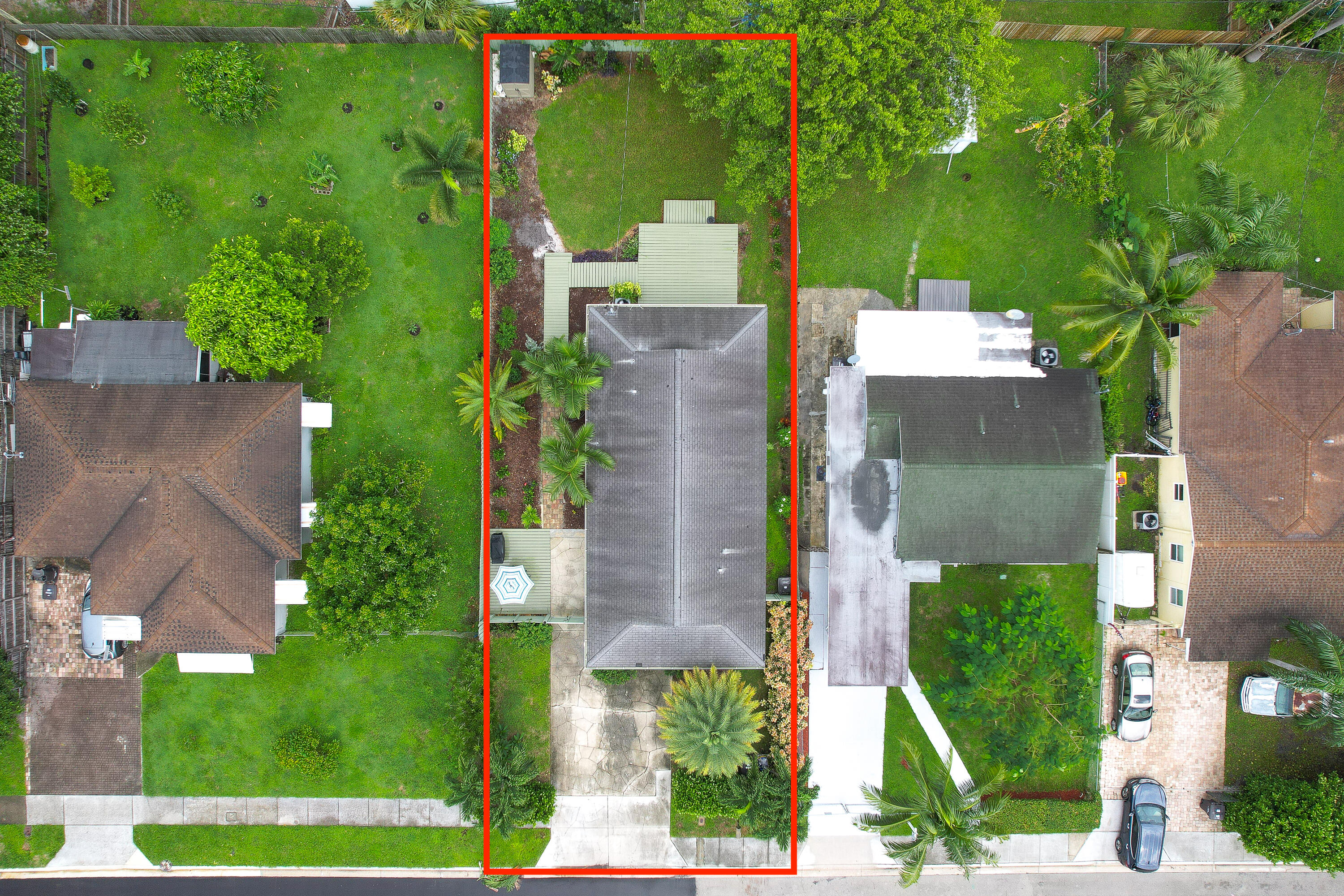 Aerial view of a single-story home and landscaped lot outlined in red, with palms, lawn, and patio.