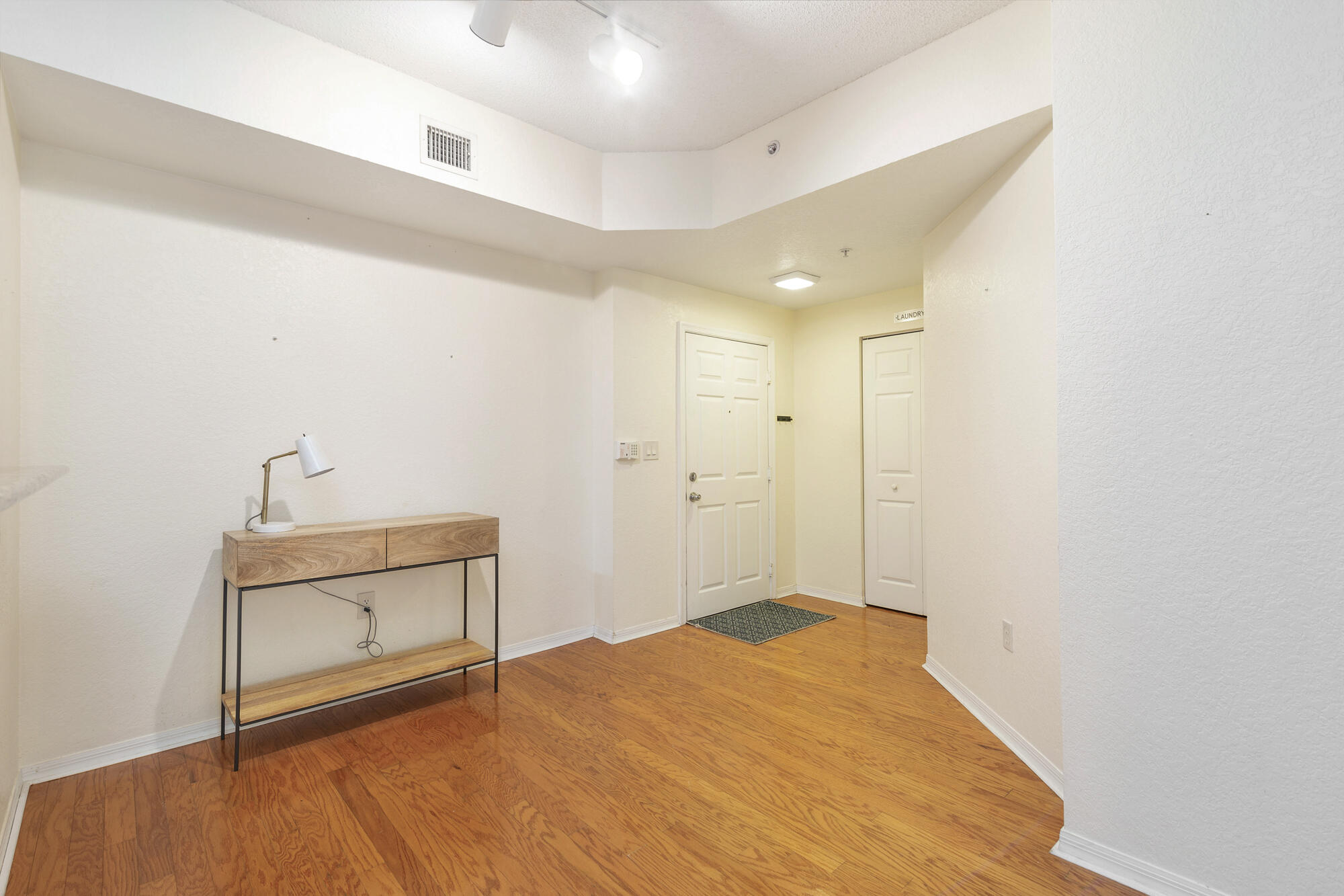 Condo entry foyer with warm wood floors, a slim console table, and doors to the entrance and laundry.