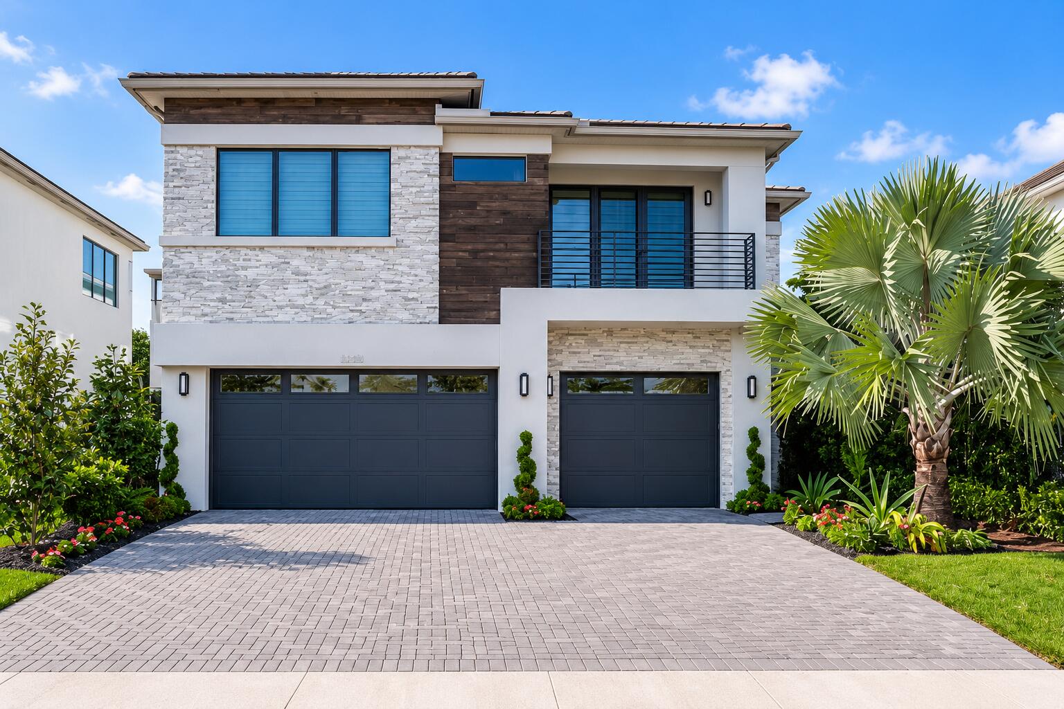 Modern two-story home with stone and wood facade, two garages, and tropical landscaping.