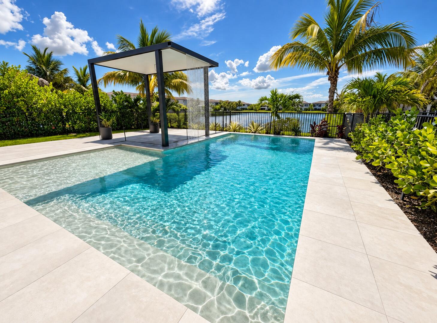 Backyard pool with a shallow sun shelf, water-curtain pergola, tropical landscaping, and lake view.