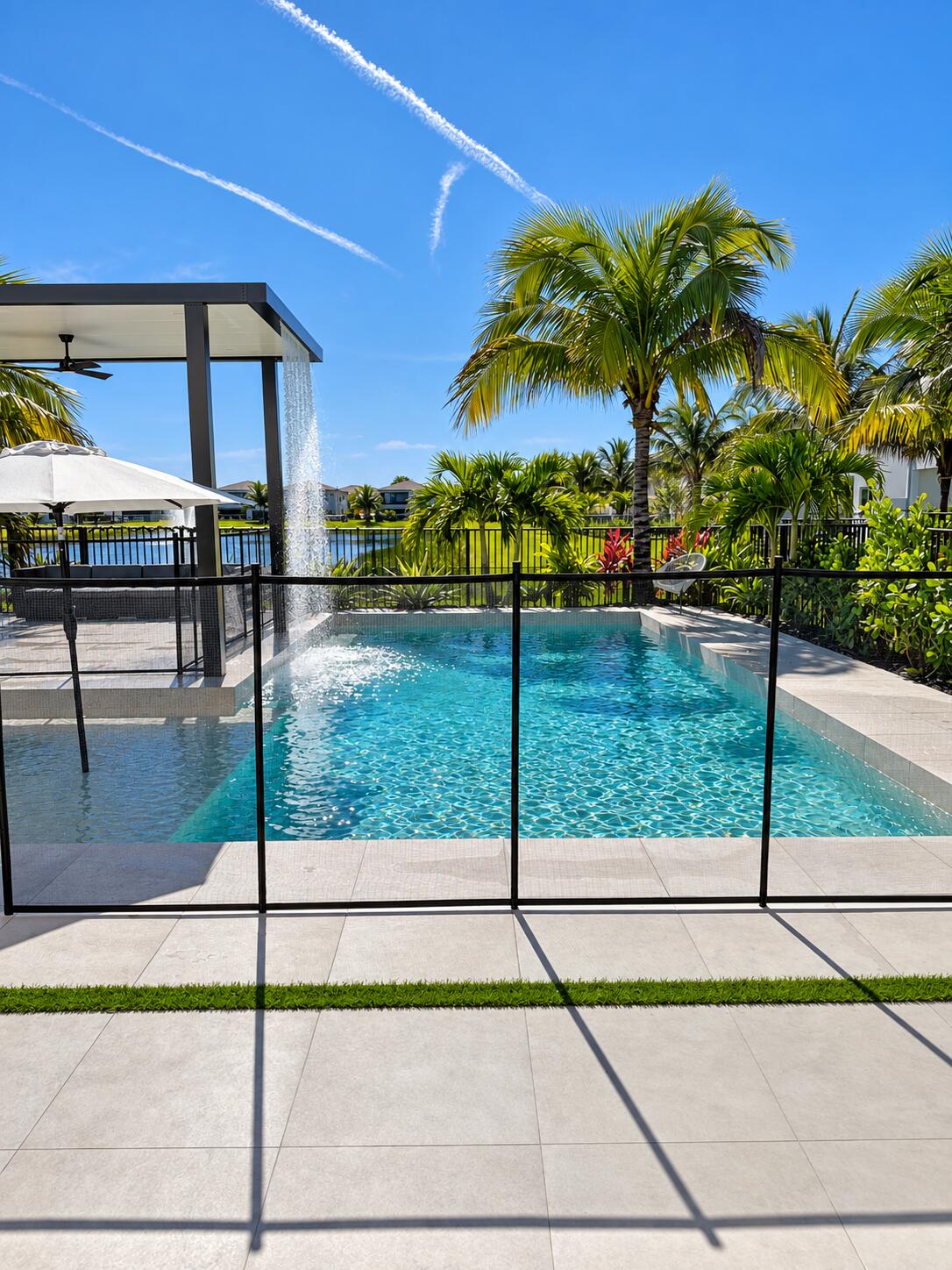 Backyard pool with a waterfall feature, covered patio, and palm trees beside the water.