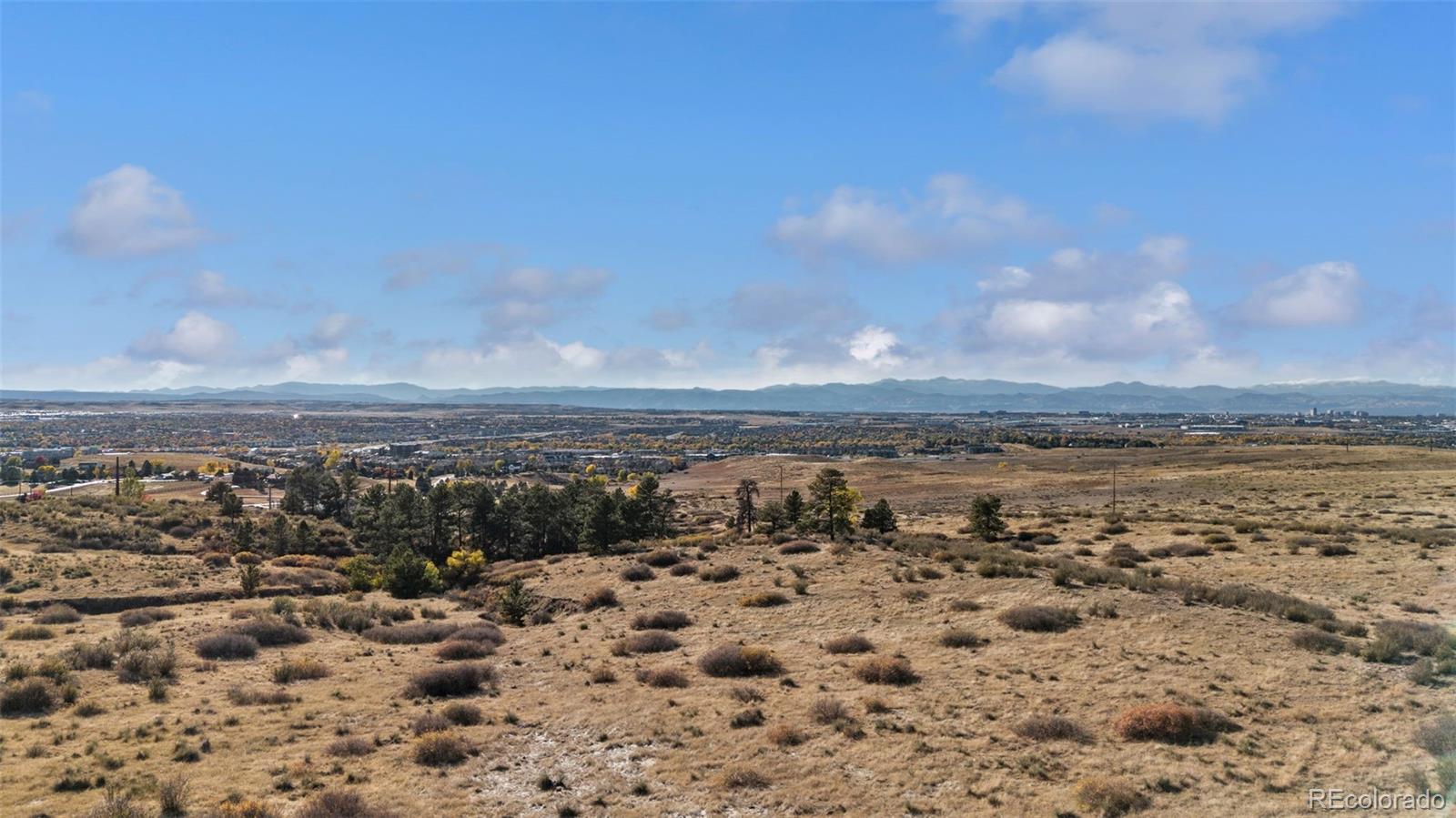 Open scrubland overlooks distant development and a mountain range.