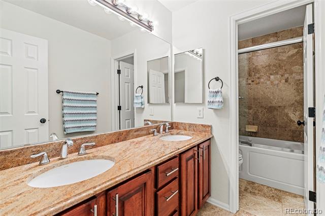 Bathroom with a double-sink stone vanity and a tub with a brown tiled surround.
