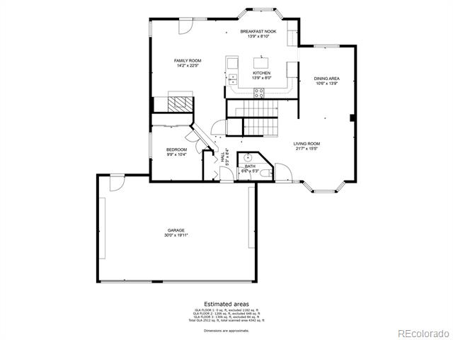 Floor plan for 9675 Salem Court, with labeled rooms, dimensions, and an attached garage.