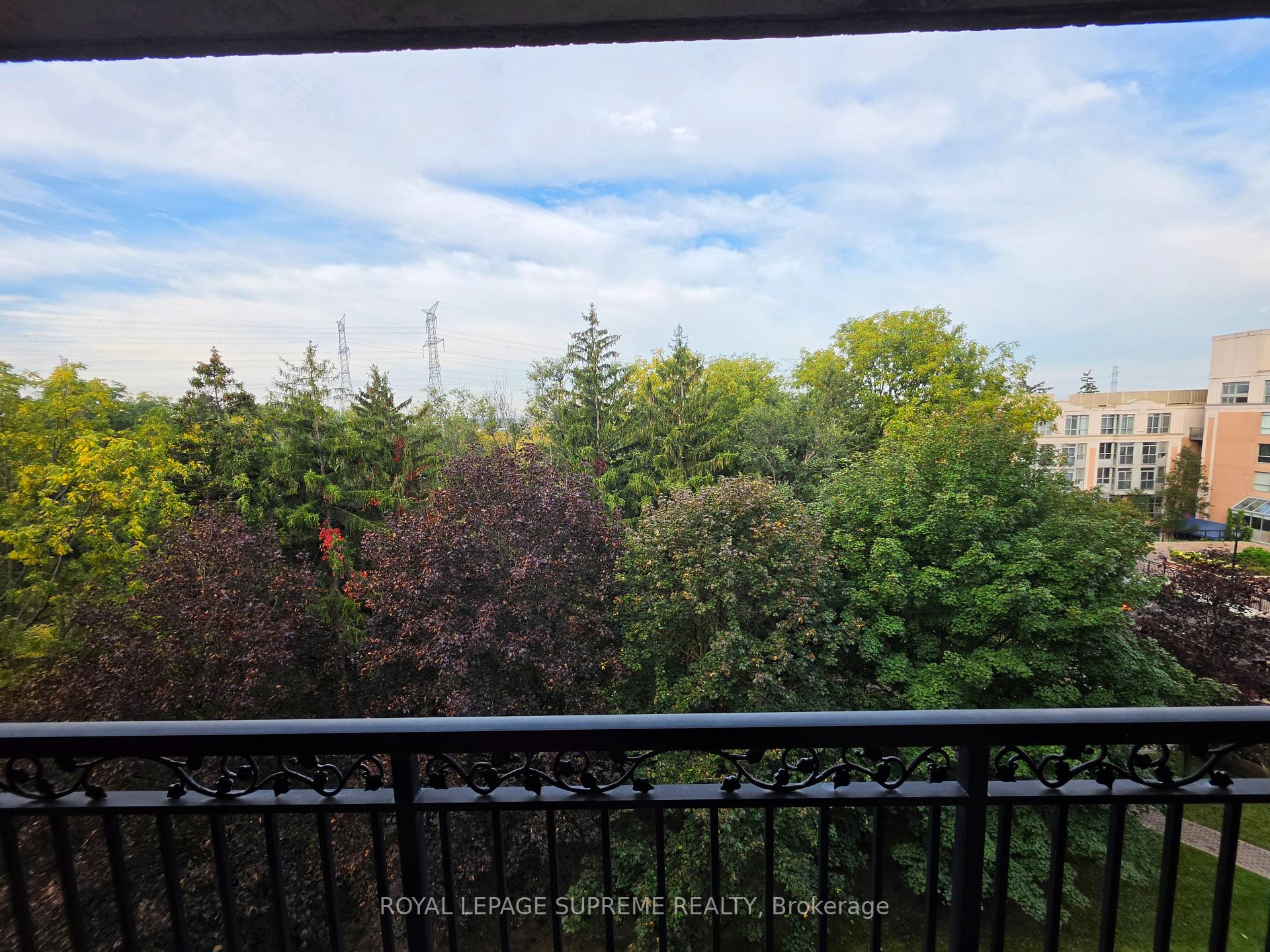 Balcony view over leafy trees toward a neighboring mid-rise building and distant power-line towers.