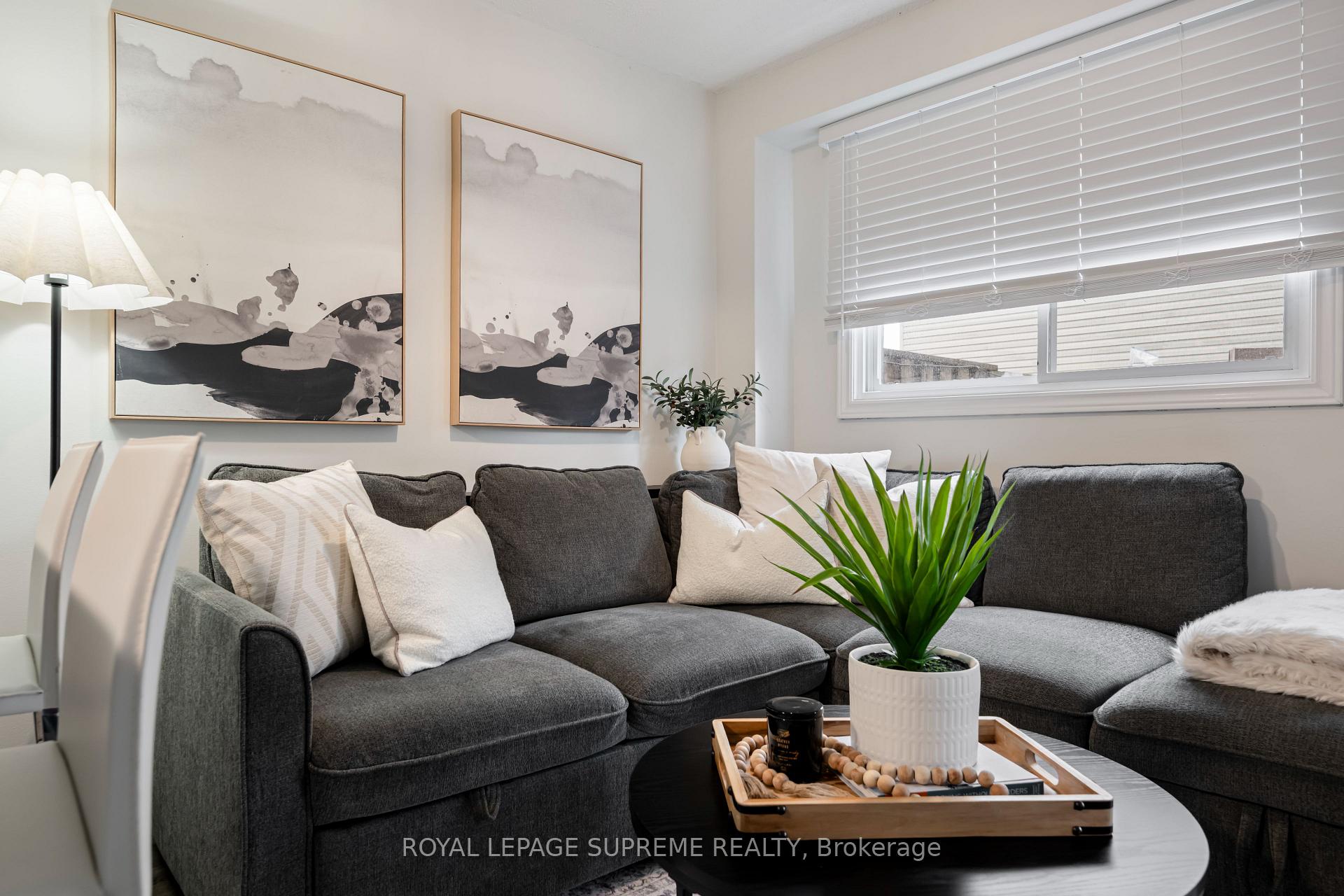 Living room with a dark gray sectional, framed abstract art, and a potted plant on the coffee table.