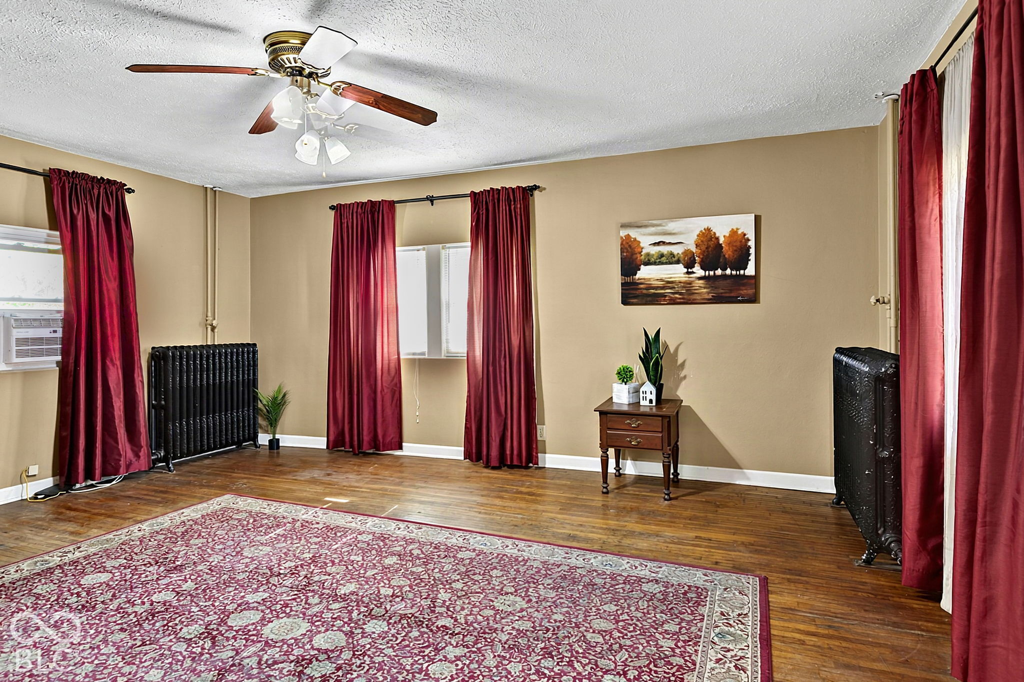 Living room with hardwood floors, burgundy curtains, cast-iron radiators, and a large patterned rug.