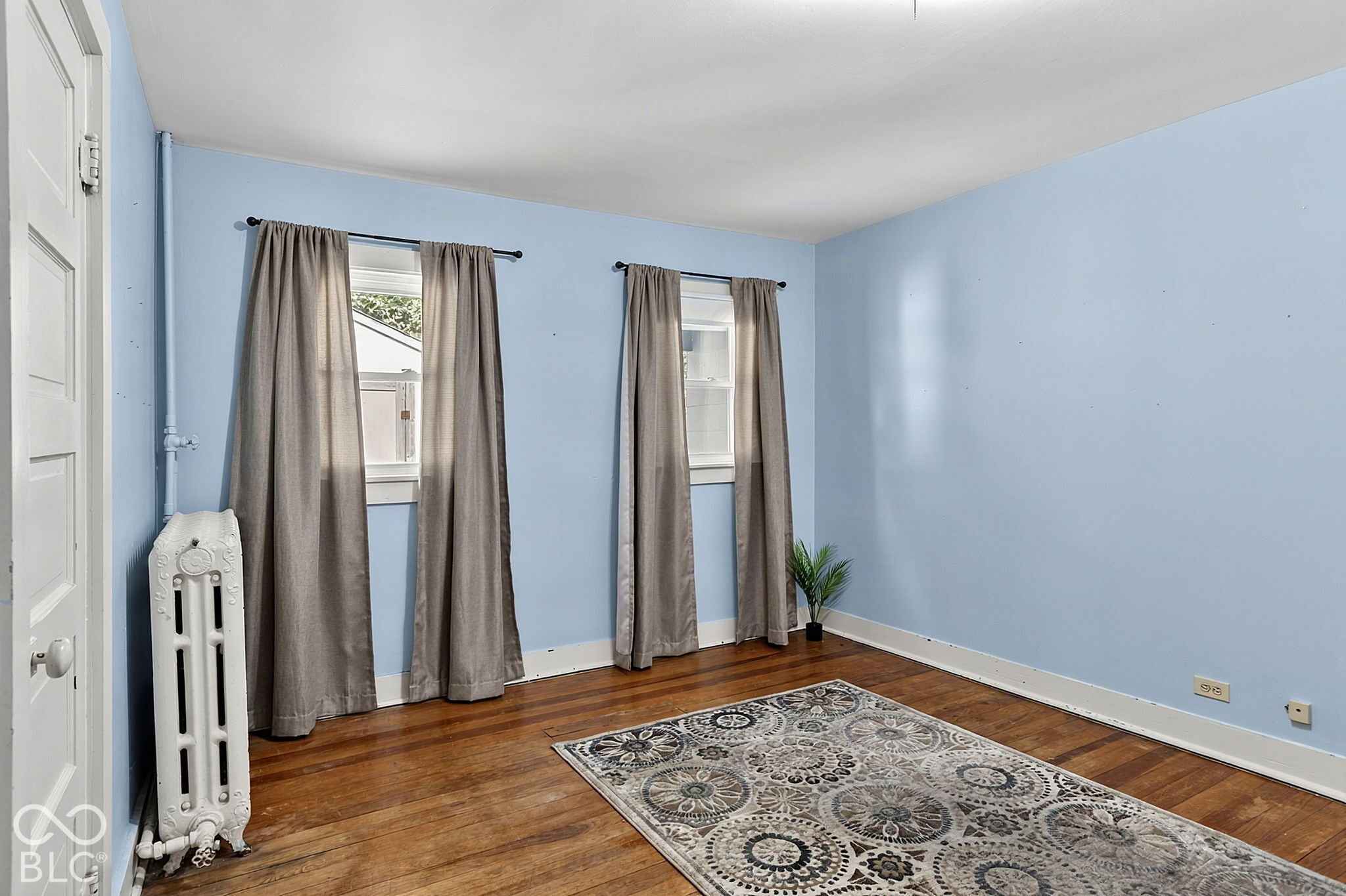 Blue-walled room with hardwood floors, two curtained windows, a vintage radiator, and a patterned rug.