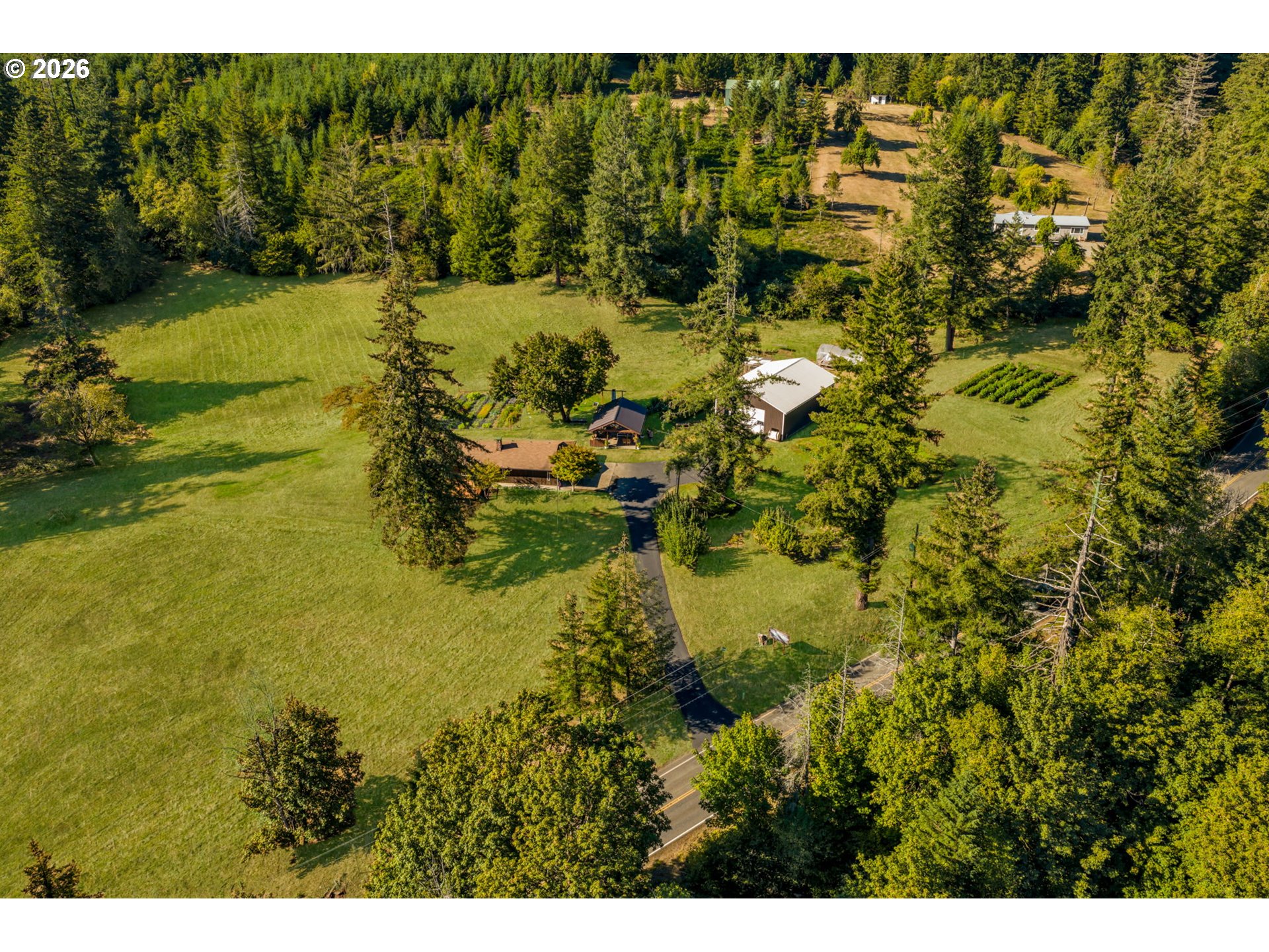 Aerial view of a wooded rural property with open lawns, a driveway, and a small outbuilding.