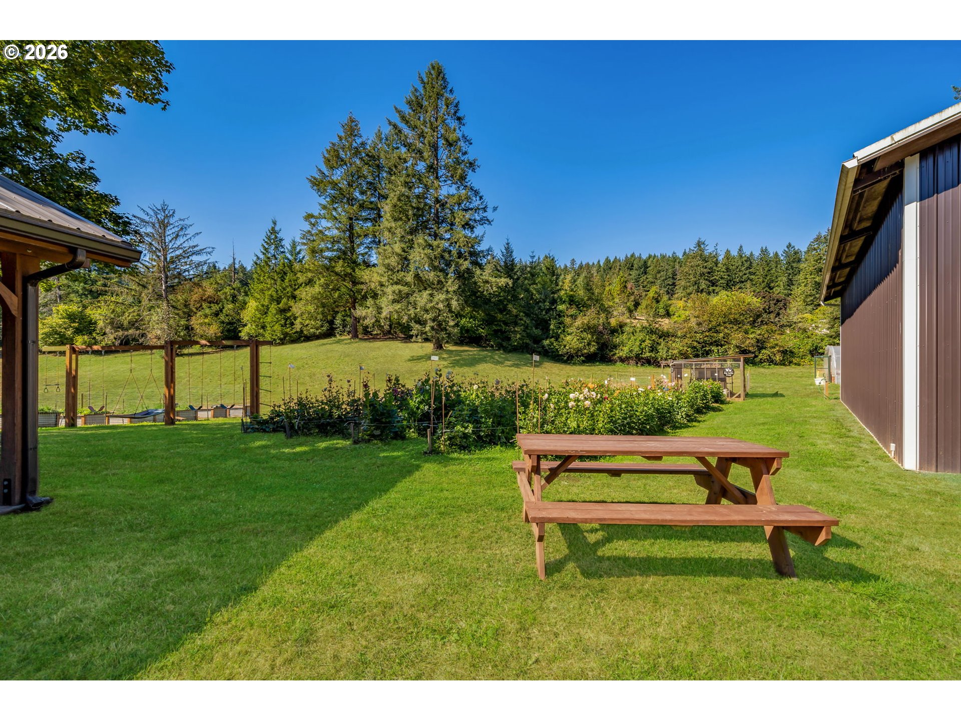 Backyard lawn with a wooden picnic table, garden beds, and evergreen trees.