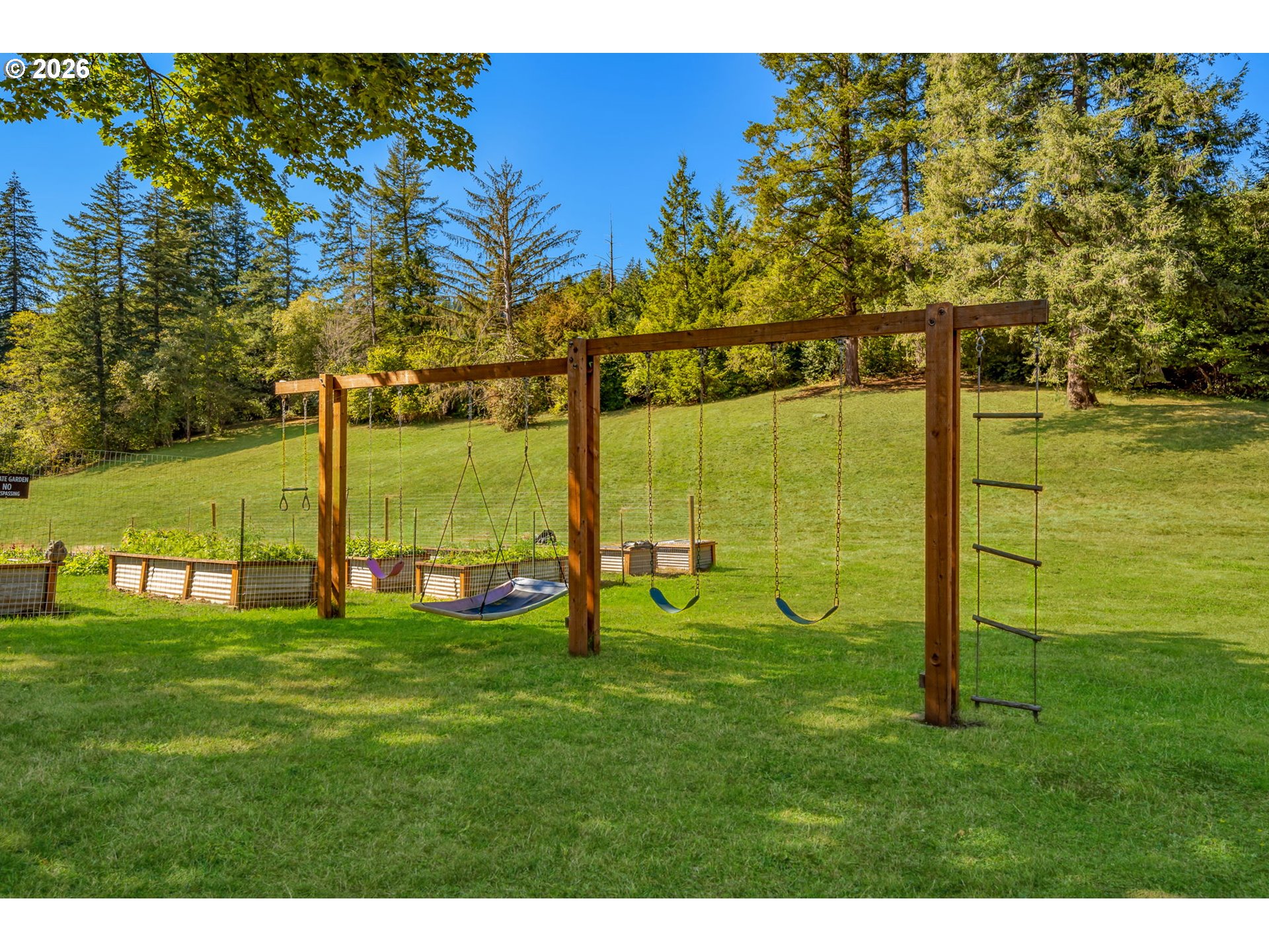 Backyard swing set with a rope ladder on a grassy lawn beside raised garden beds and trees.