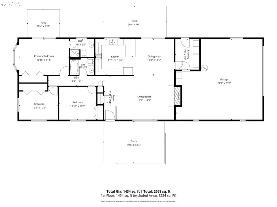 Floor plan showing three bedrooms, two bathrooms, a large garage, two patios, and a front porch.