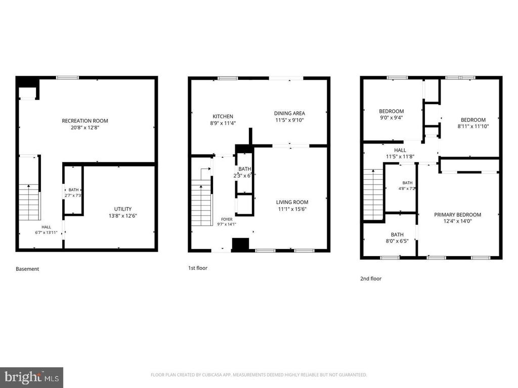 Three-level floor plan showing room layouts and dimensions for the basement, first floor, and second floor.