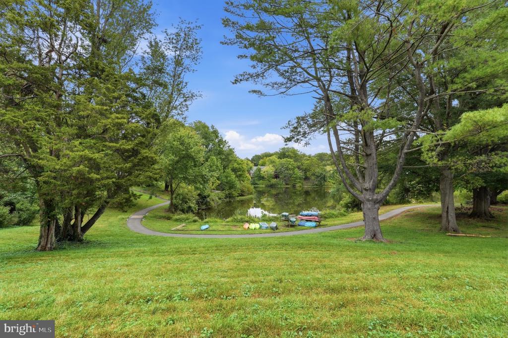 Small pond surrounded by mature trees, with a curved path and kayaks along the water.