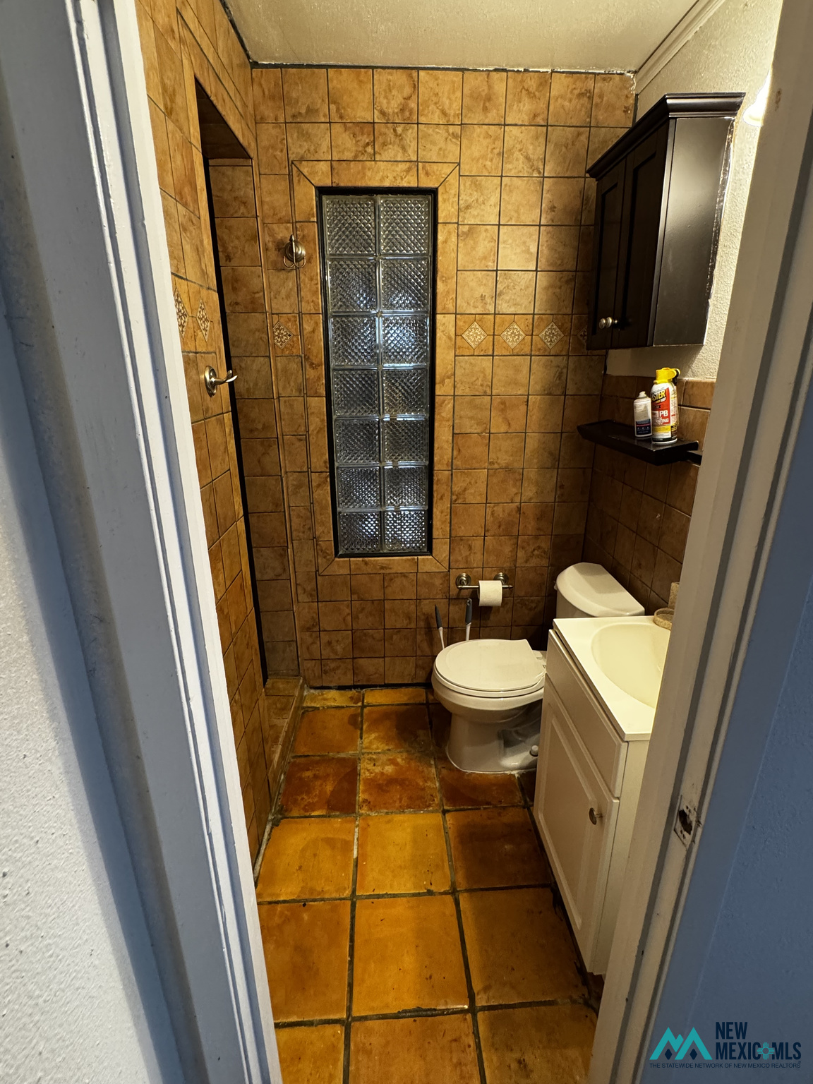 Bathroom with warm brown tile, a glass-block window, toilet, and white vanity.