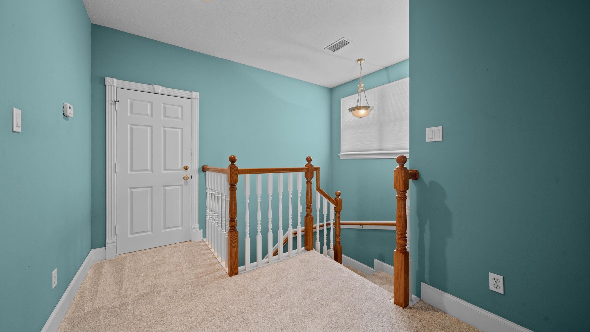 Carpeted landing with turquoise walls, a white entry door, and wood-and-white stair railing.
