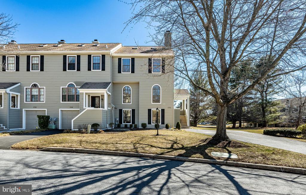 Attached homes with light siding and black shutters beside a large leafless tree.