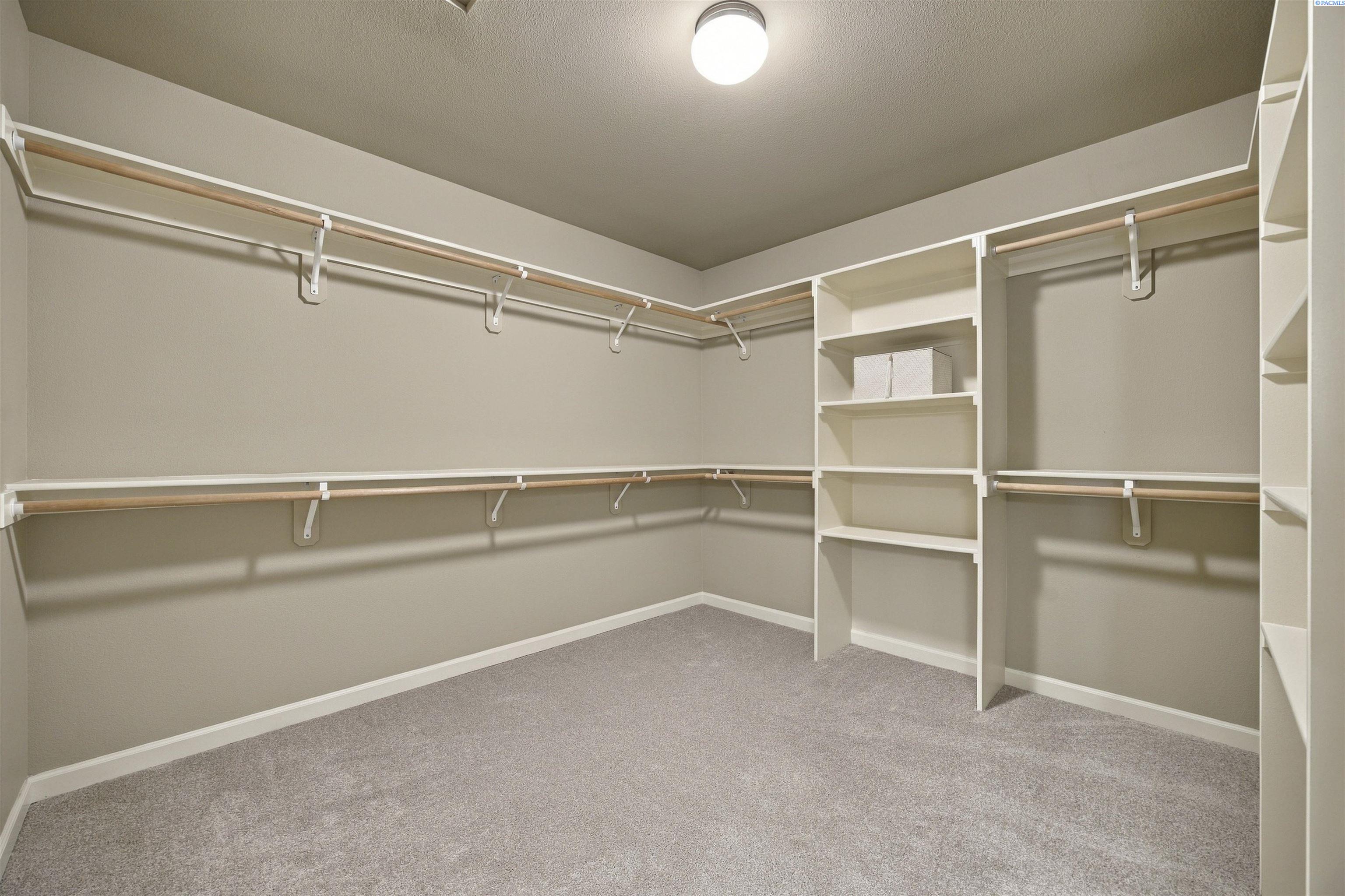 Walk-in closet with wraparound hanging rods, built-in shelving, and gray carpet.