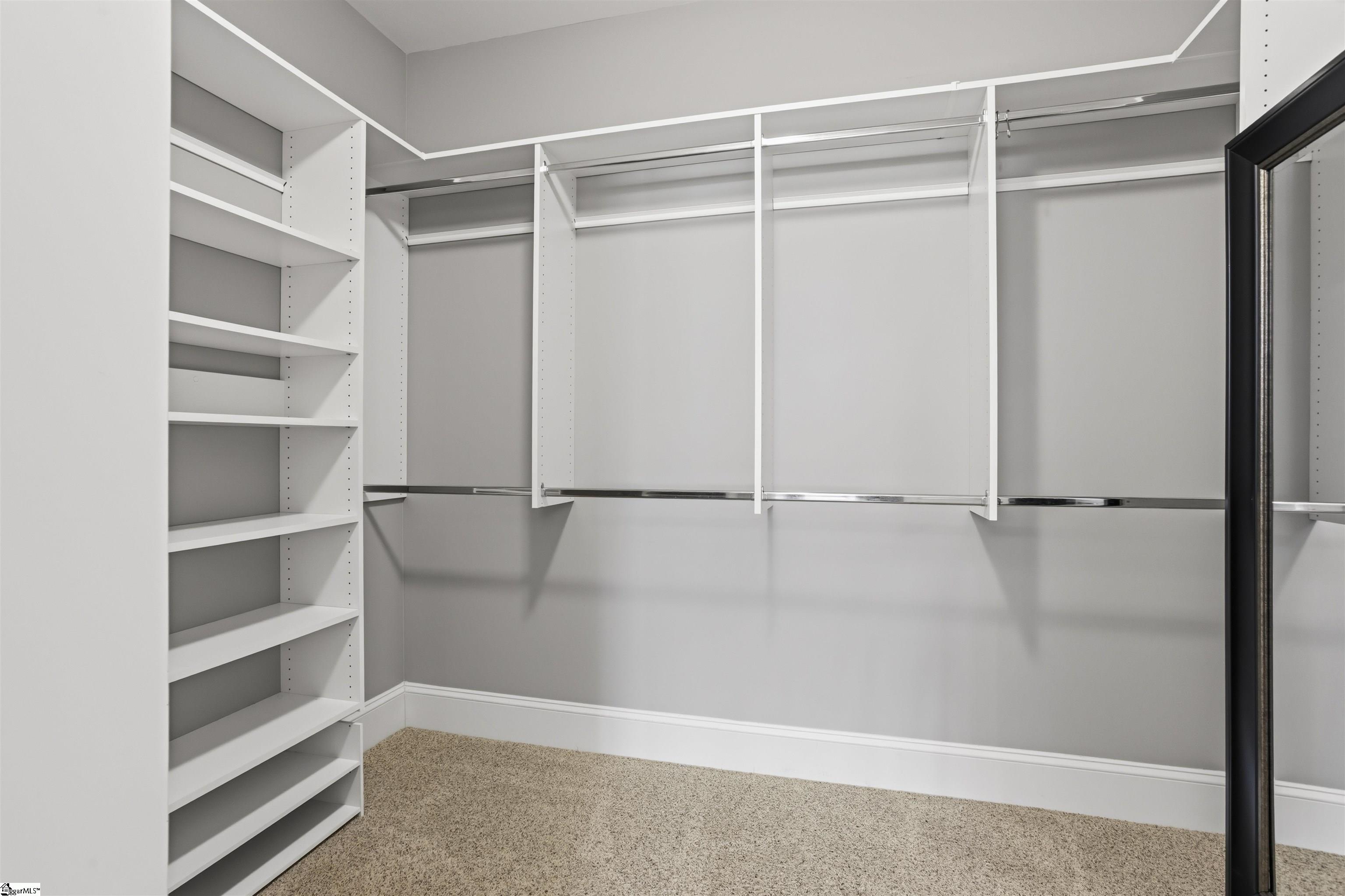 Walk-in closet with built-in white shelves, hanging rods, and beige carpet.
