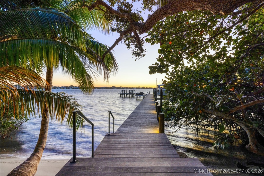 Wooden dock extends through palms to the river at sunset.