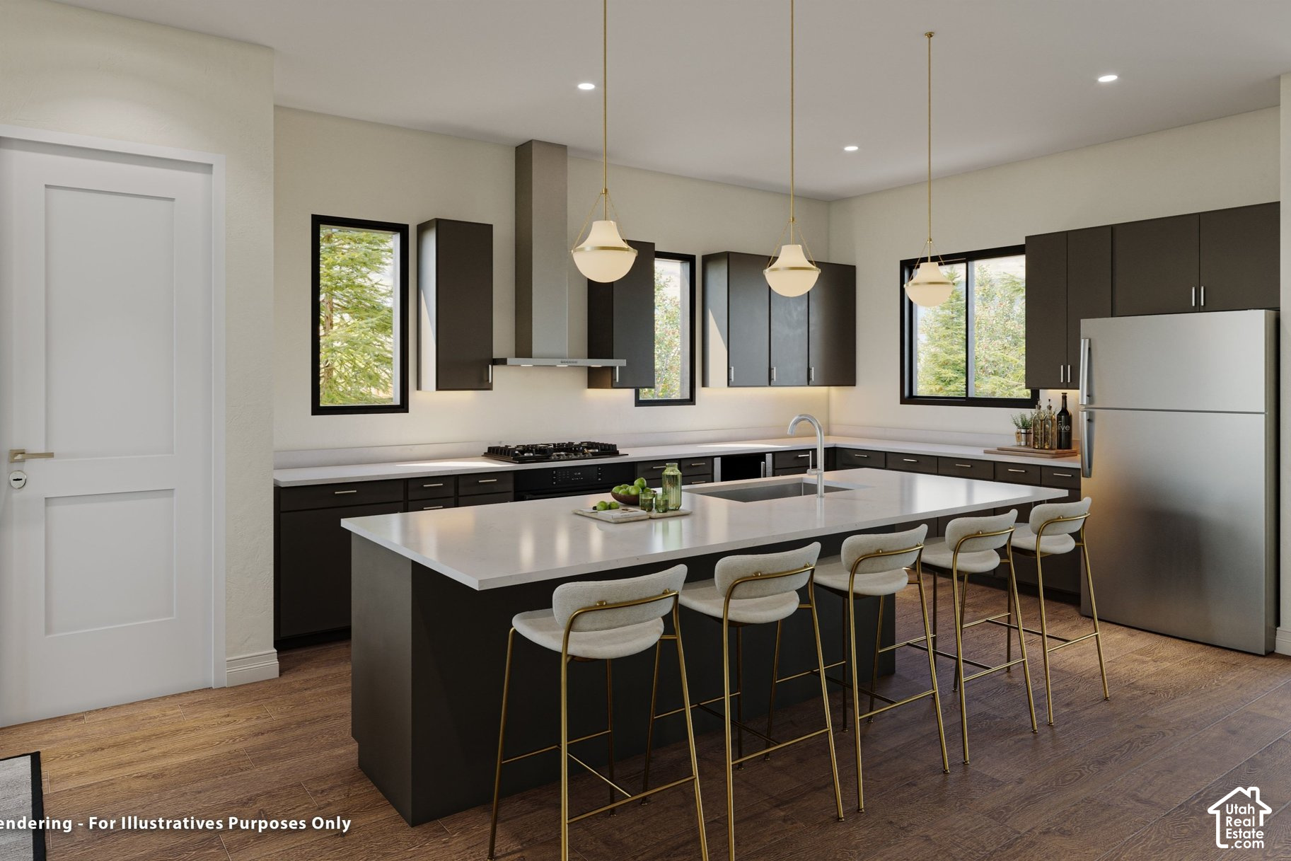 Modern kitchen with dark cabinets, a large white island, and four bar stools.