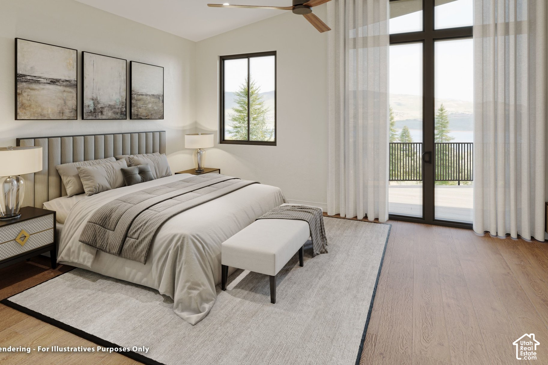 Staged bedroom with a gray upholstered bed and balcony doors overlooking a lake.