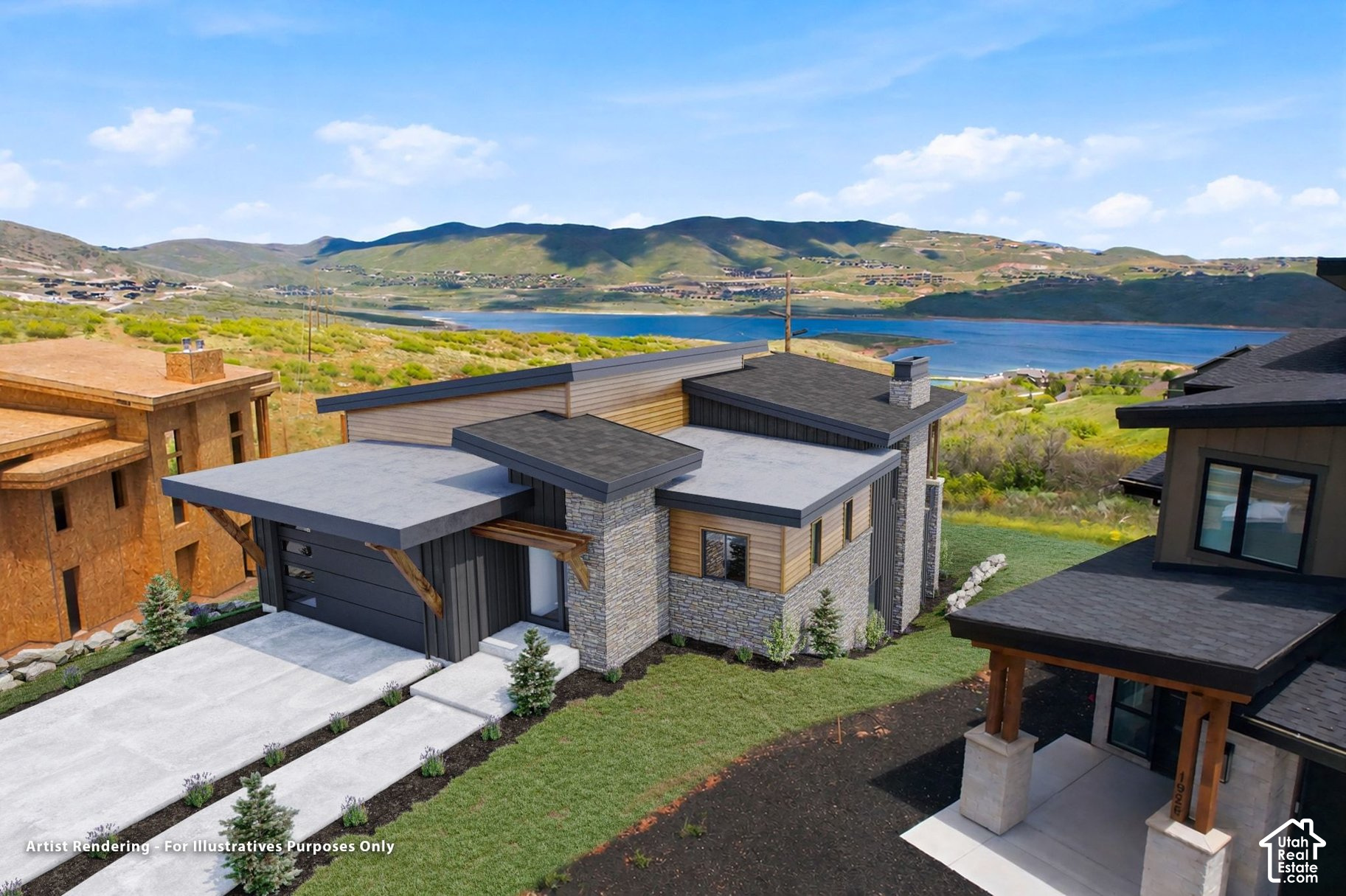 Modern stone-and-dark-siding home on a hillside above a lake, with mountains in the distance; artist rendering.