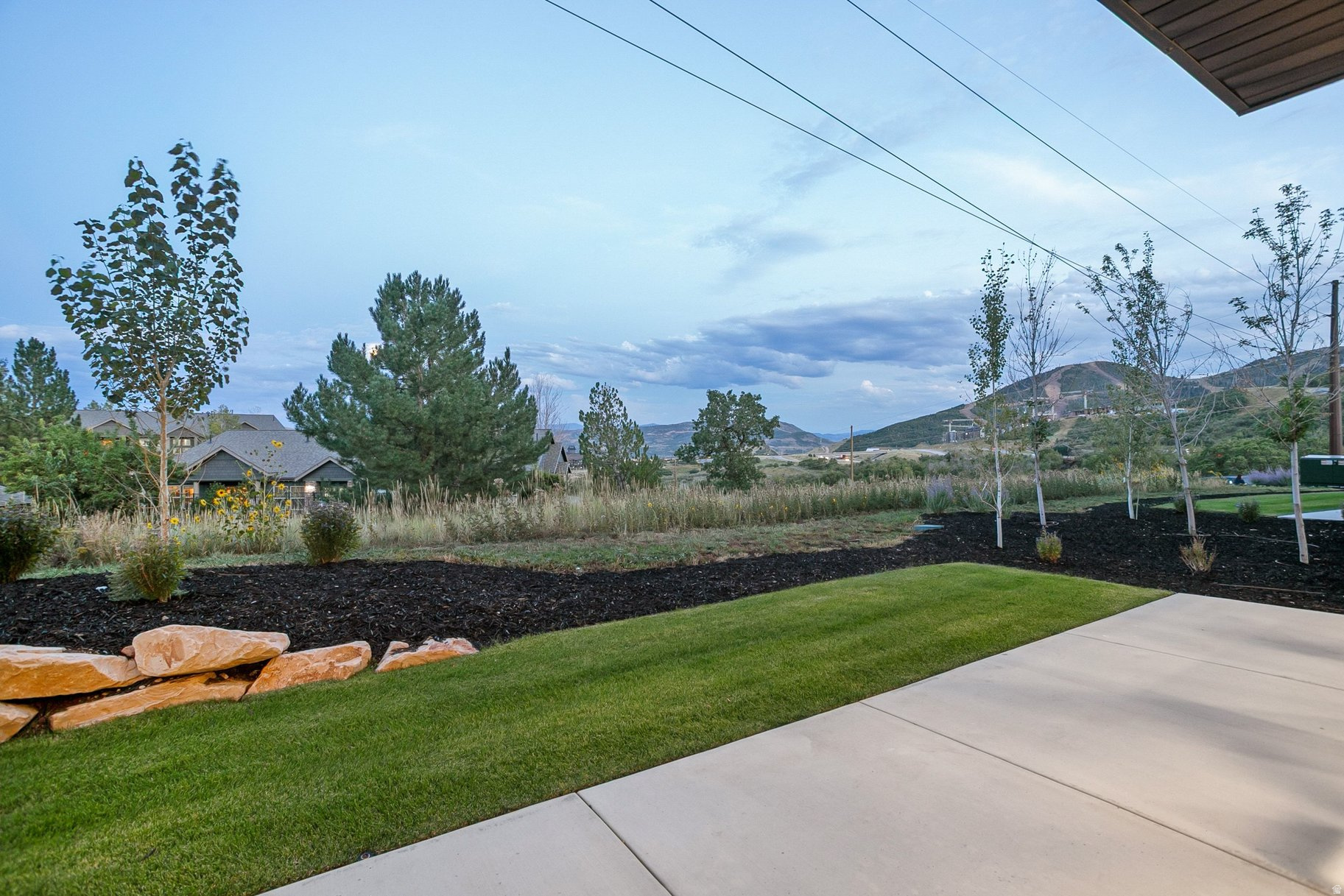 Landscaped yard and patio with young trees, looking toward mountain hills.