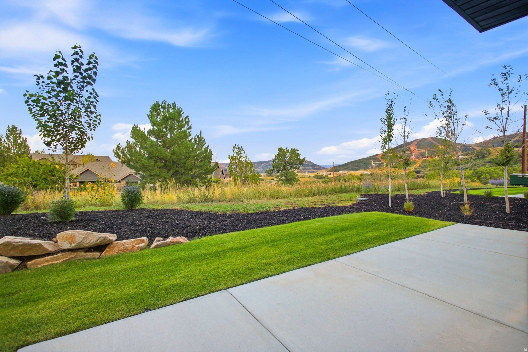 Landscaped lawn and patio with young trees and mountain views.