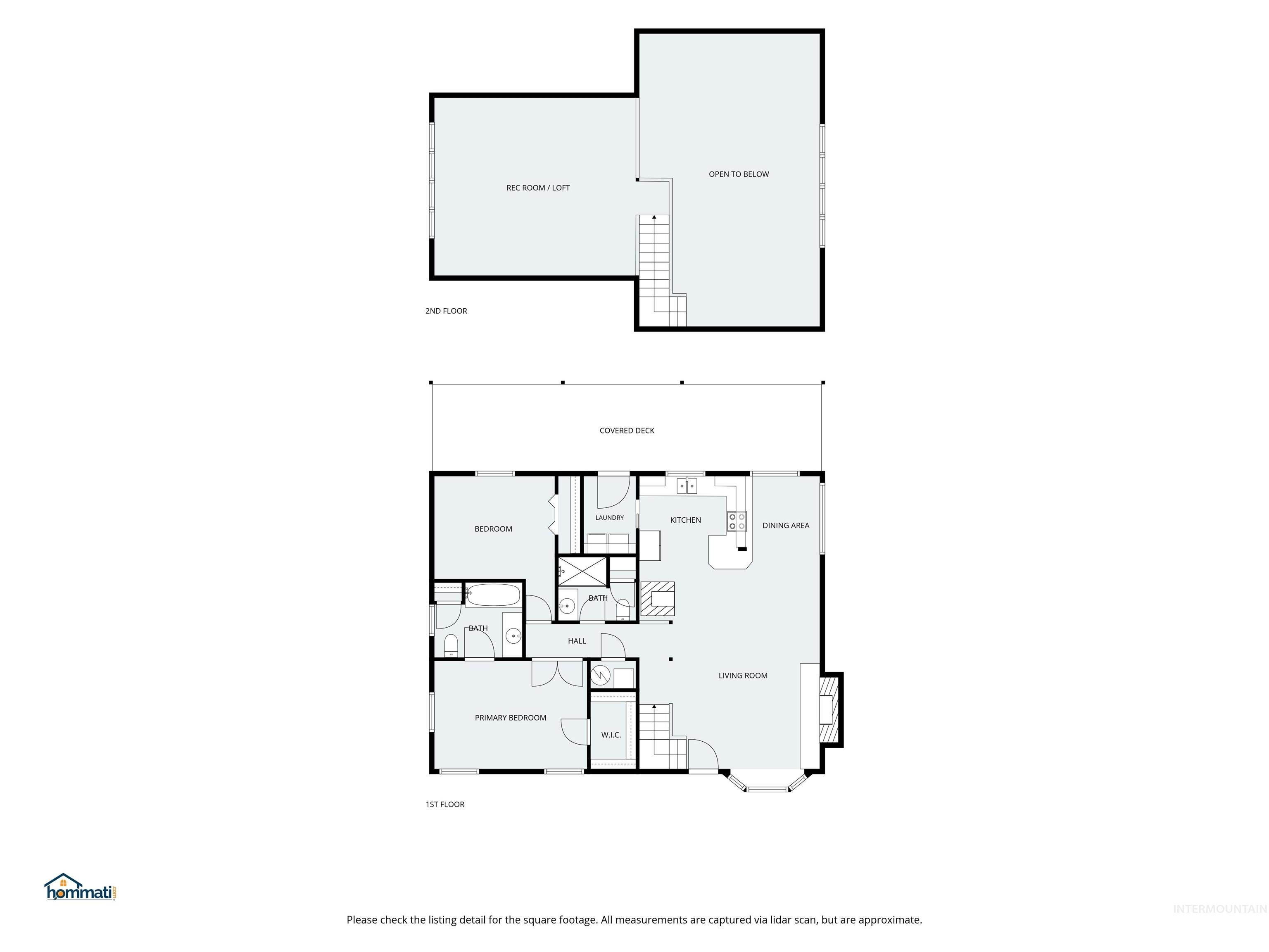Two-level floor plan with a covered deck, living areas, bedrooms, and an upstairs rec room and open-to-below space.