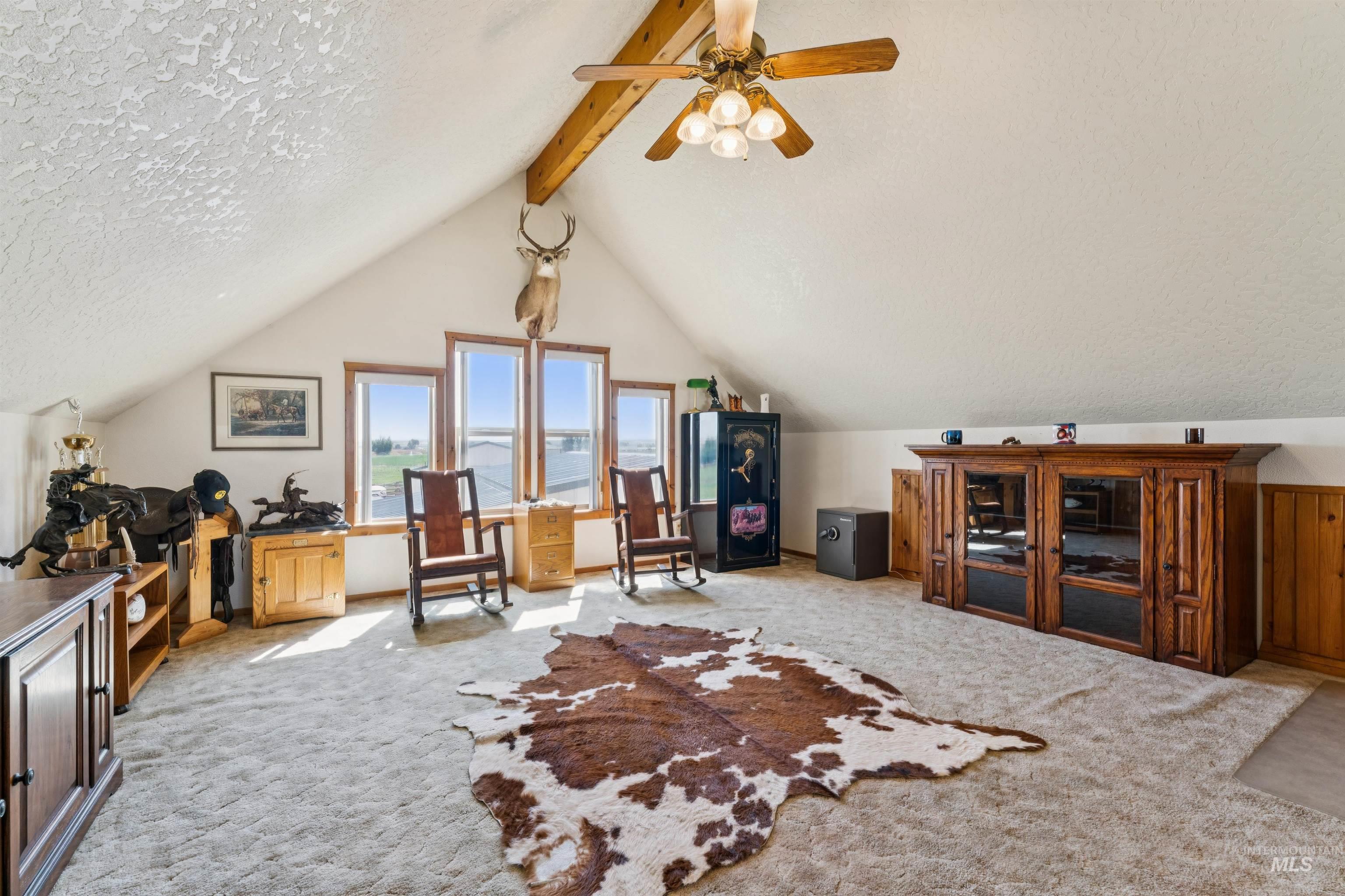 Vaulted furnished room with a ceiling fan, mounted deer, large windows, and a cowhide rug.