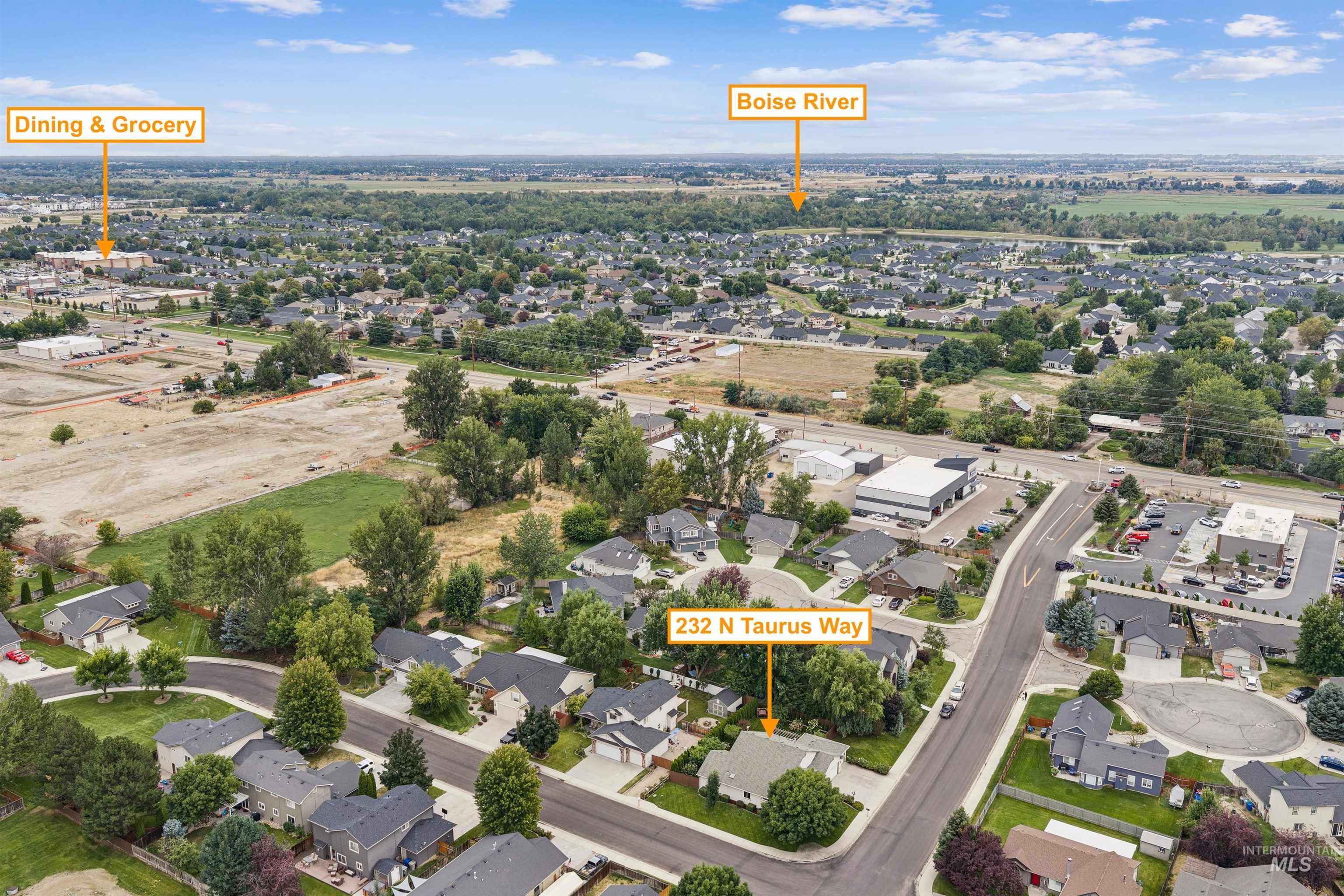 Aerial view of 232 N Taurus Way, with nearby homes, dining and grocery options, and the Boise River labeled.