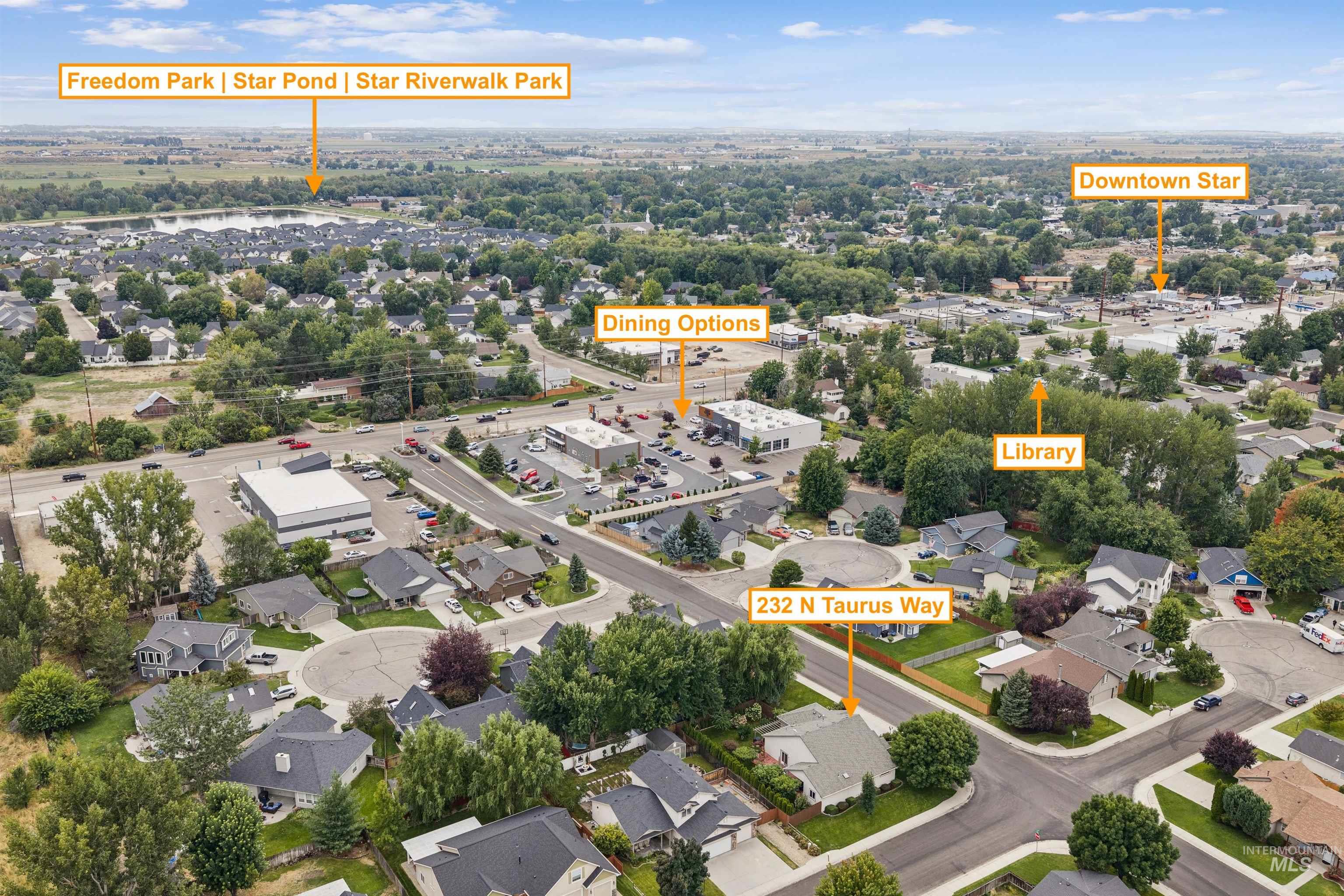 Aerial neighborhood view marking 232 N Taurus Way and nearby parks, downtown, dining, and library.