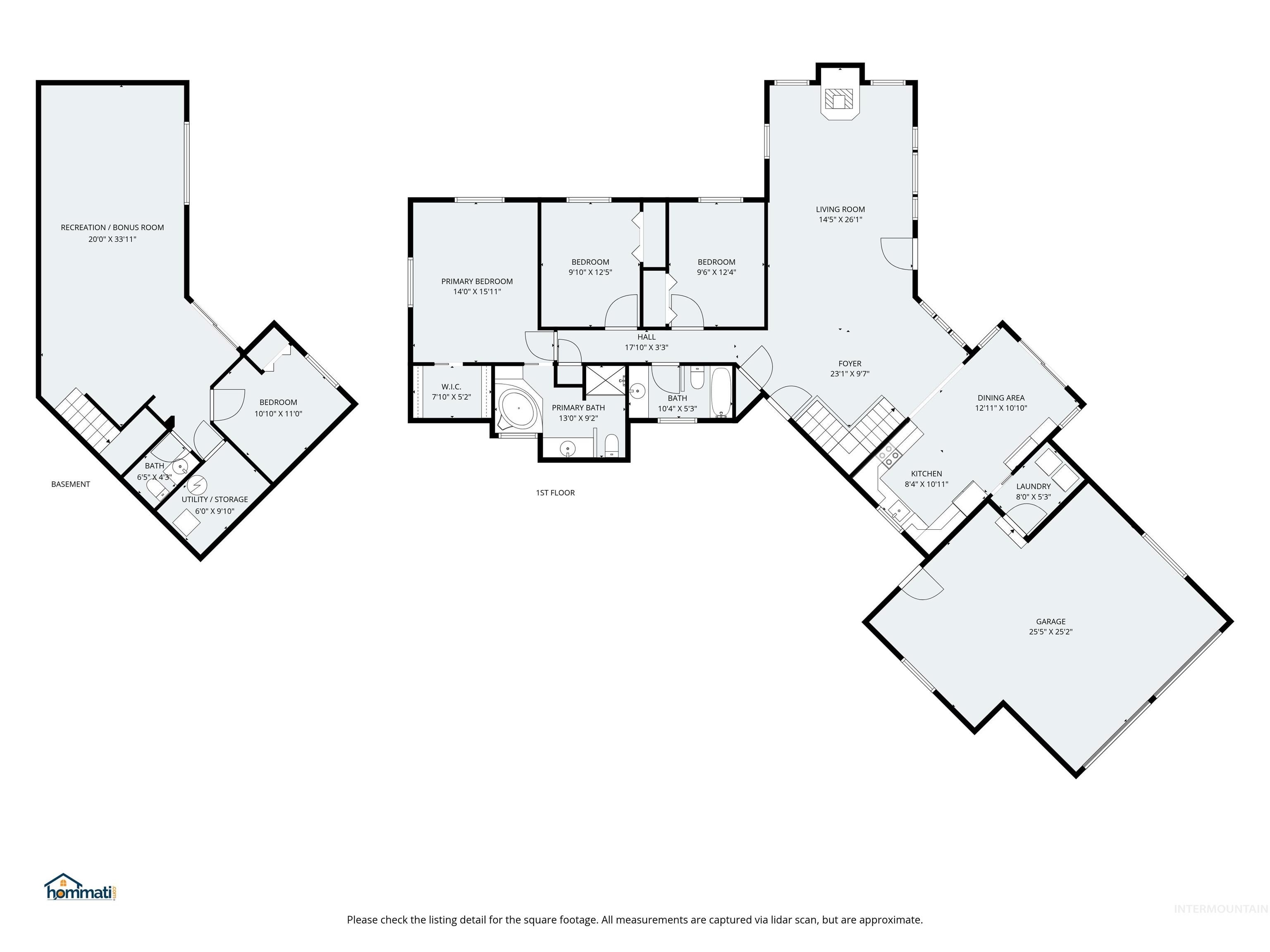 Home floor plan showing basement and first-floor rooms, including a bonus room, three bedrooms, kitchen, and garage.